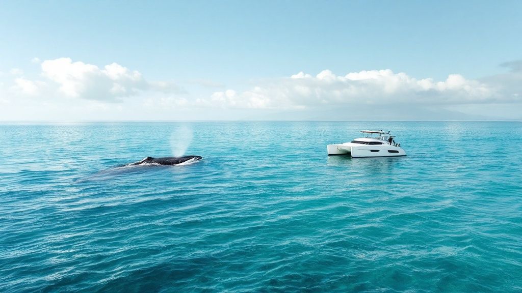 A humpback whale breaches near a tour boat on the Kohala Coast of the Big Island, Hawaii.