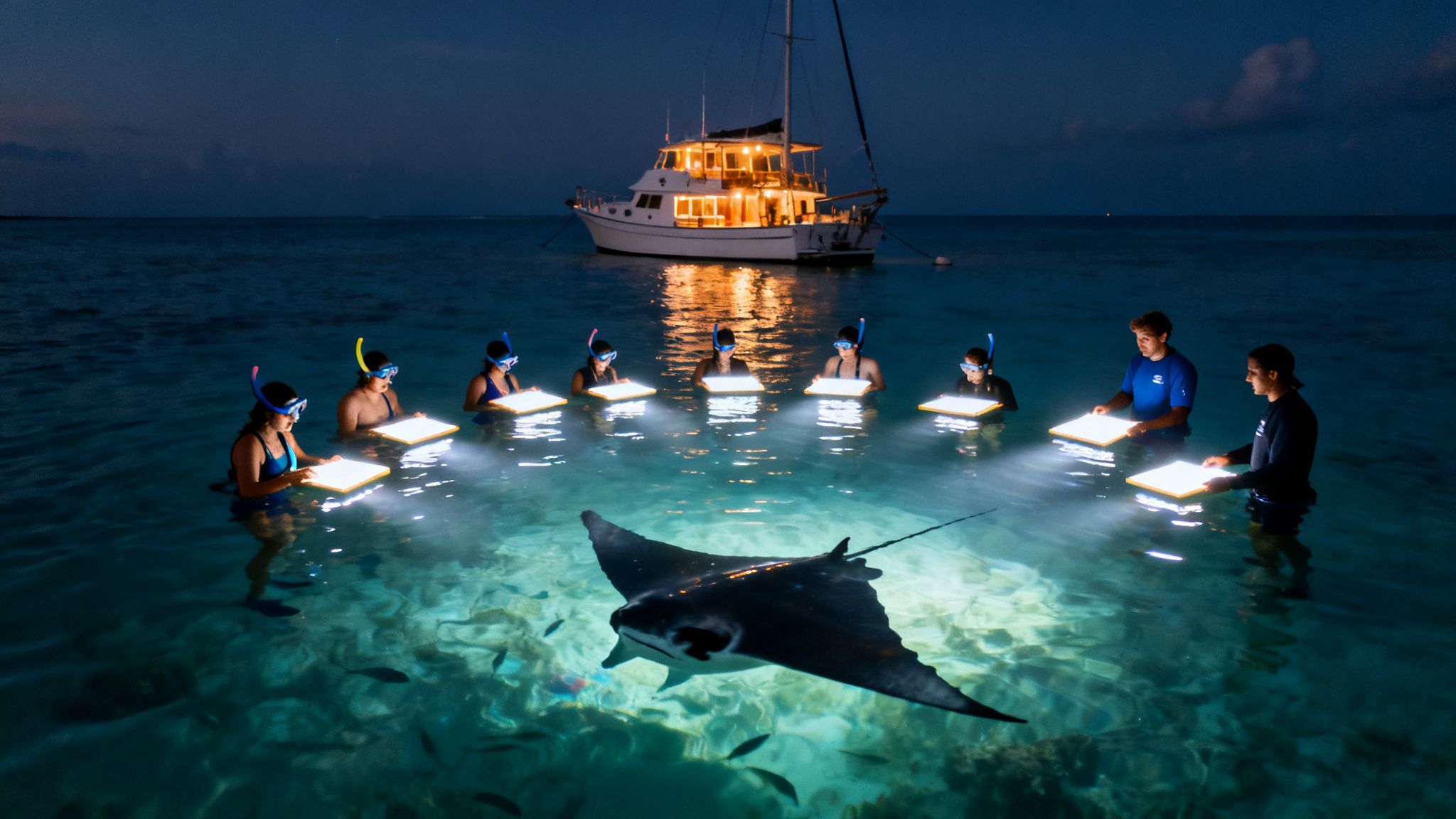 People night snorkeling with glowing lights watch a manta ray by an illuminated boat.