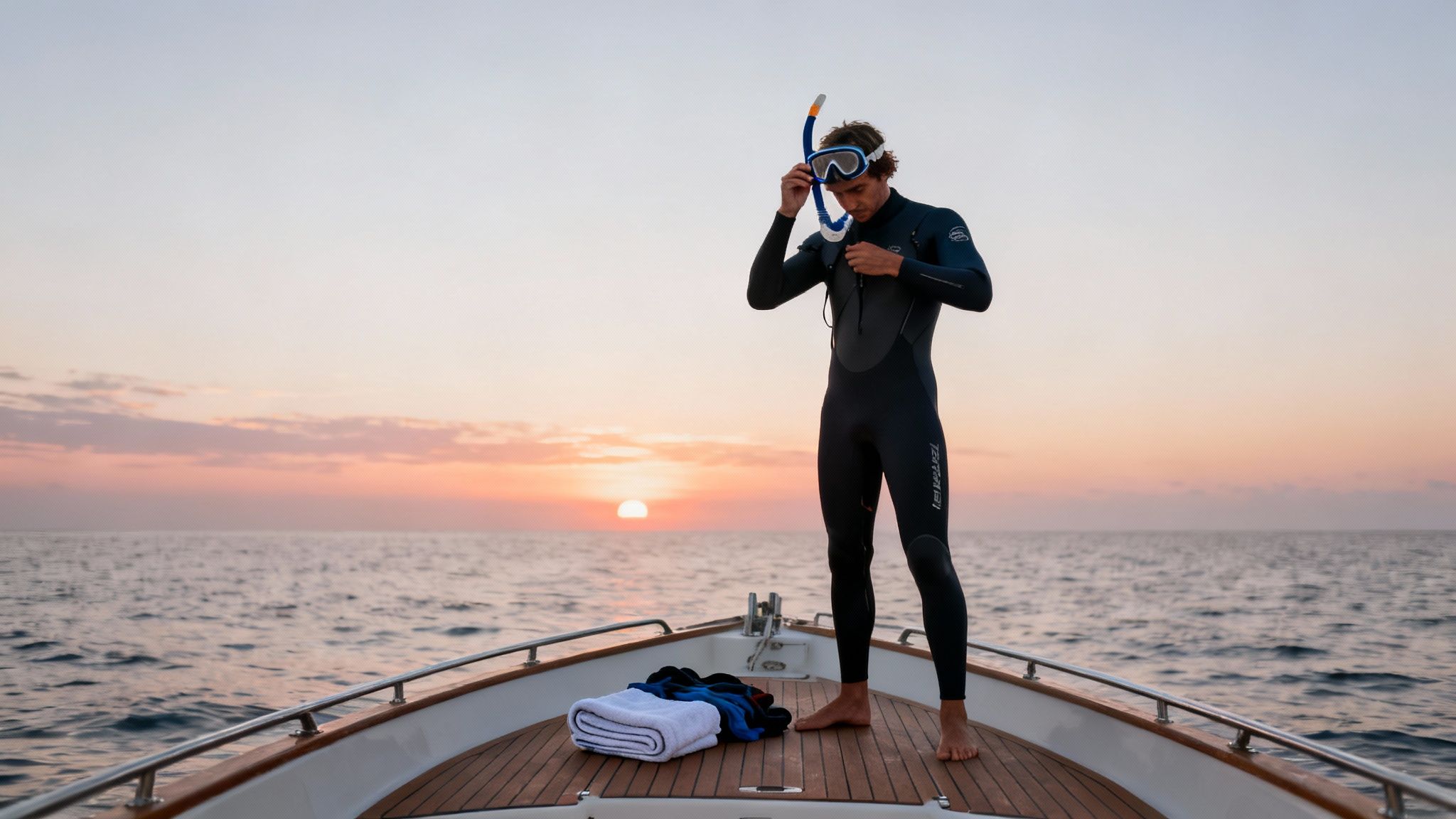 Man in a wetsuit on a boat deck adjusting his snorkel mask at sunset over the ocean.