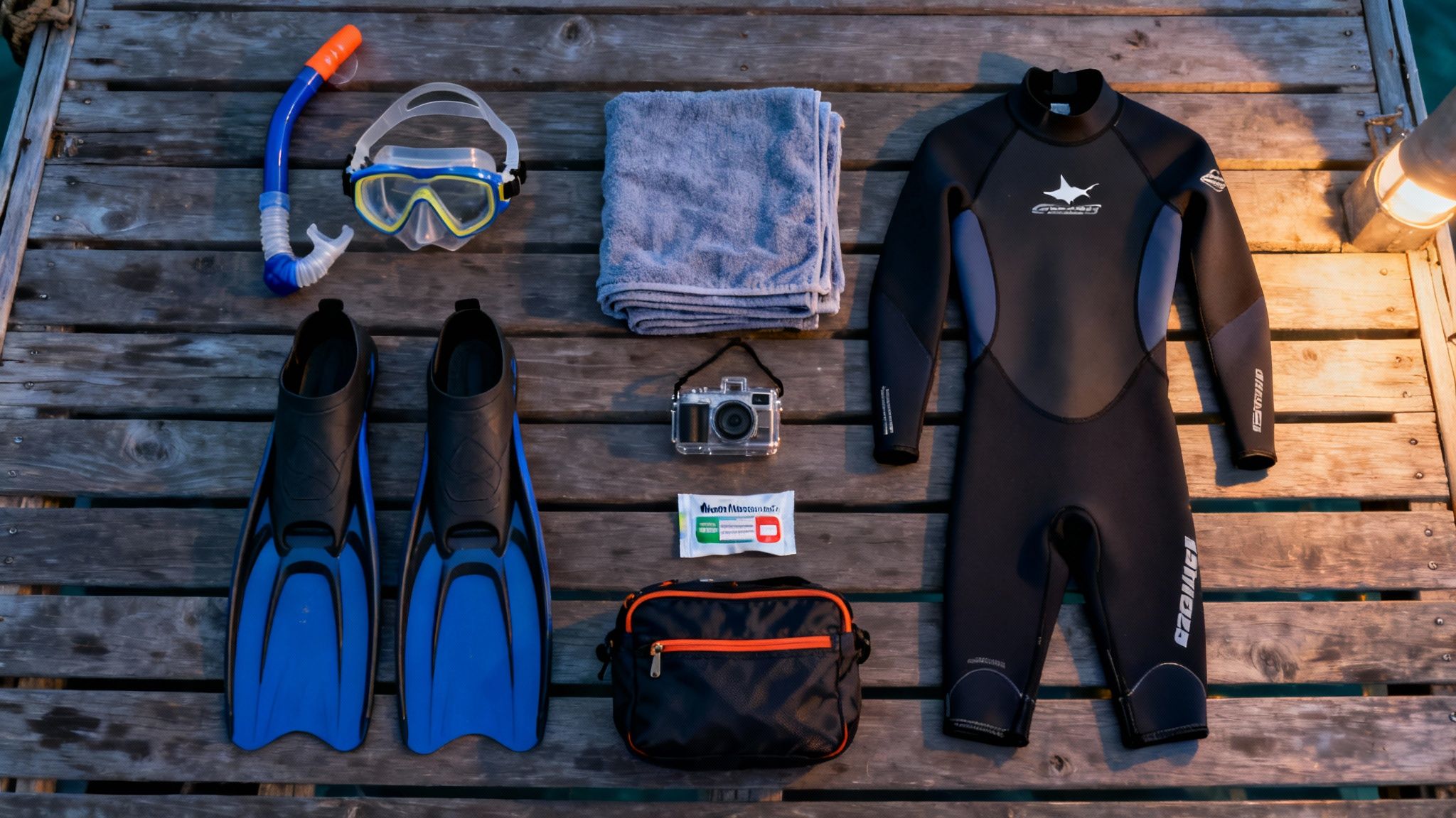 Flat lay of snorkeling and diving gear, including fins, mask, snorkel, wetsuit, and a waterproof camera on a wooden deck.