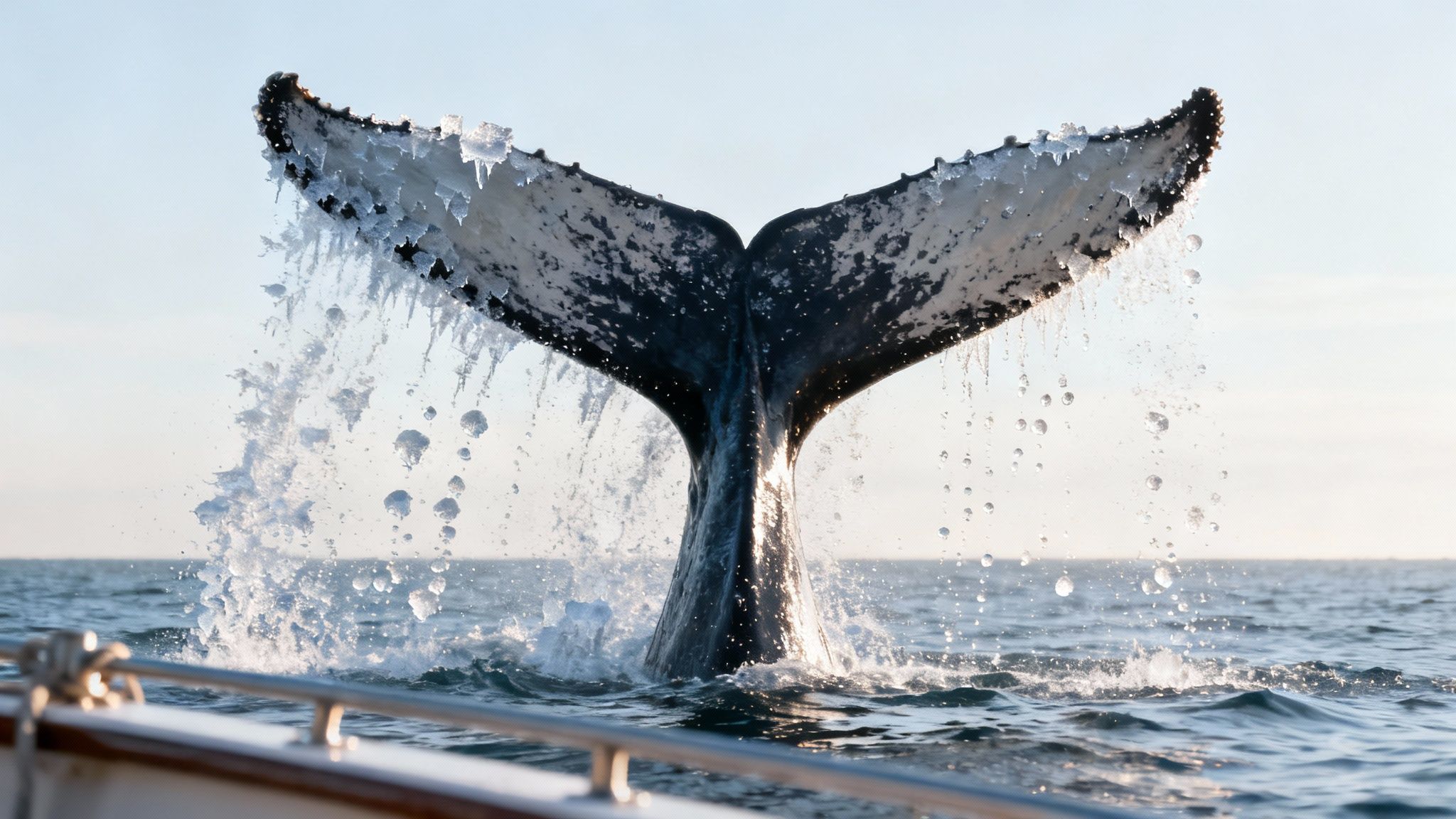 The majestic tail of a humpback whale covered in ice rises from the sea, splashing water.