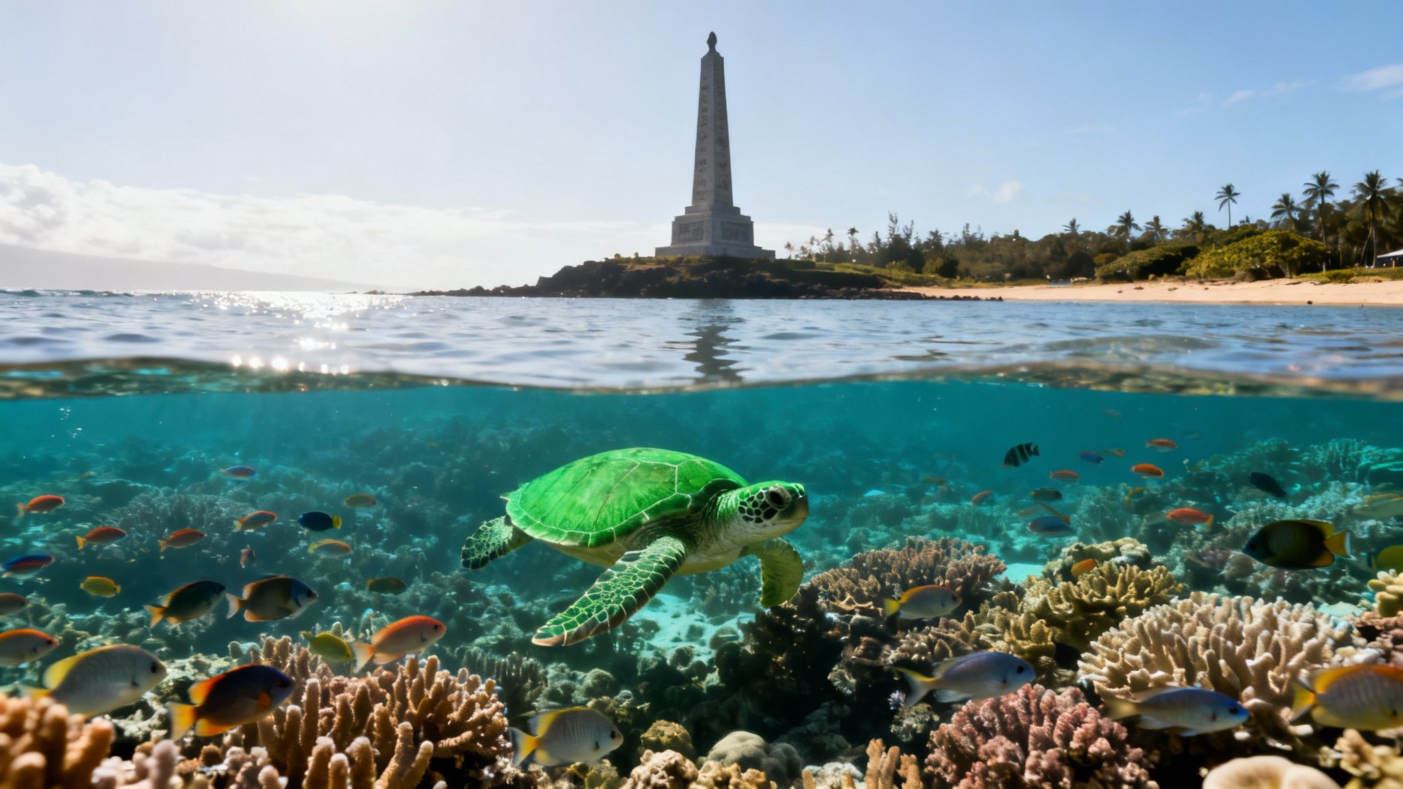 Green sea turtle swims in a vibrant coral reef, with a tropical island and monument above water.