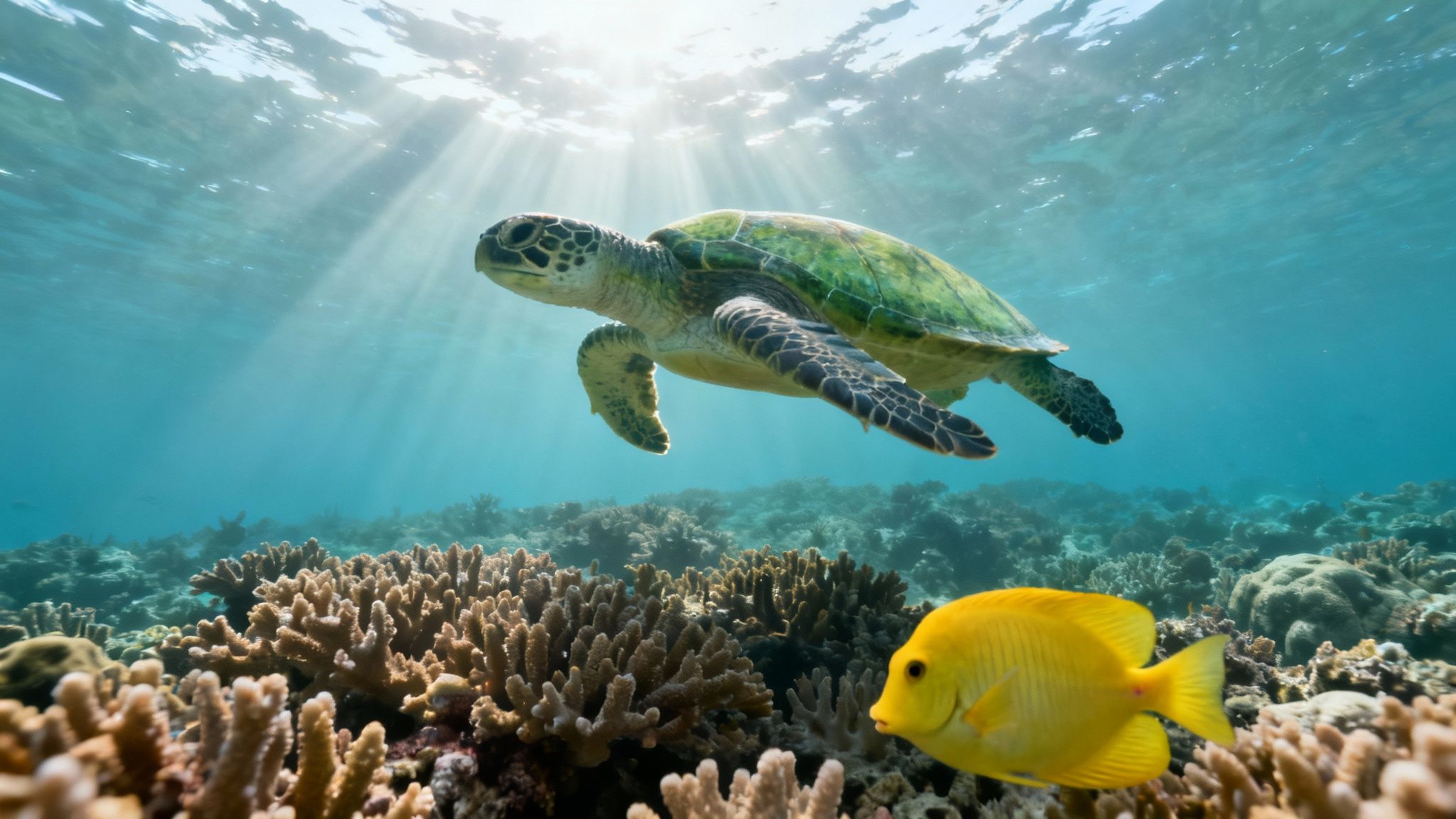 A school of yellow tang fish swimming over a coral reef in Kealakekua Bay.