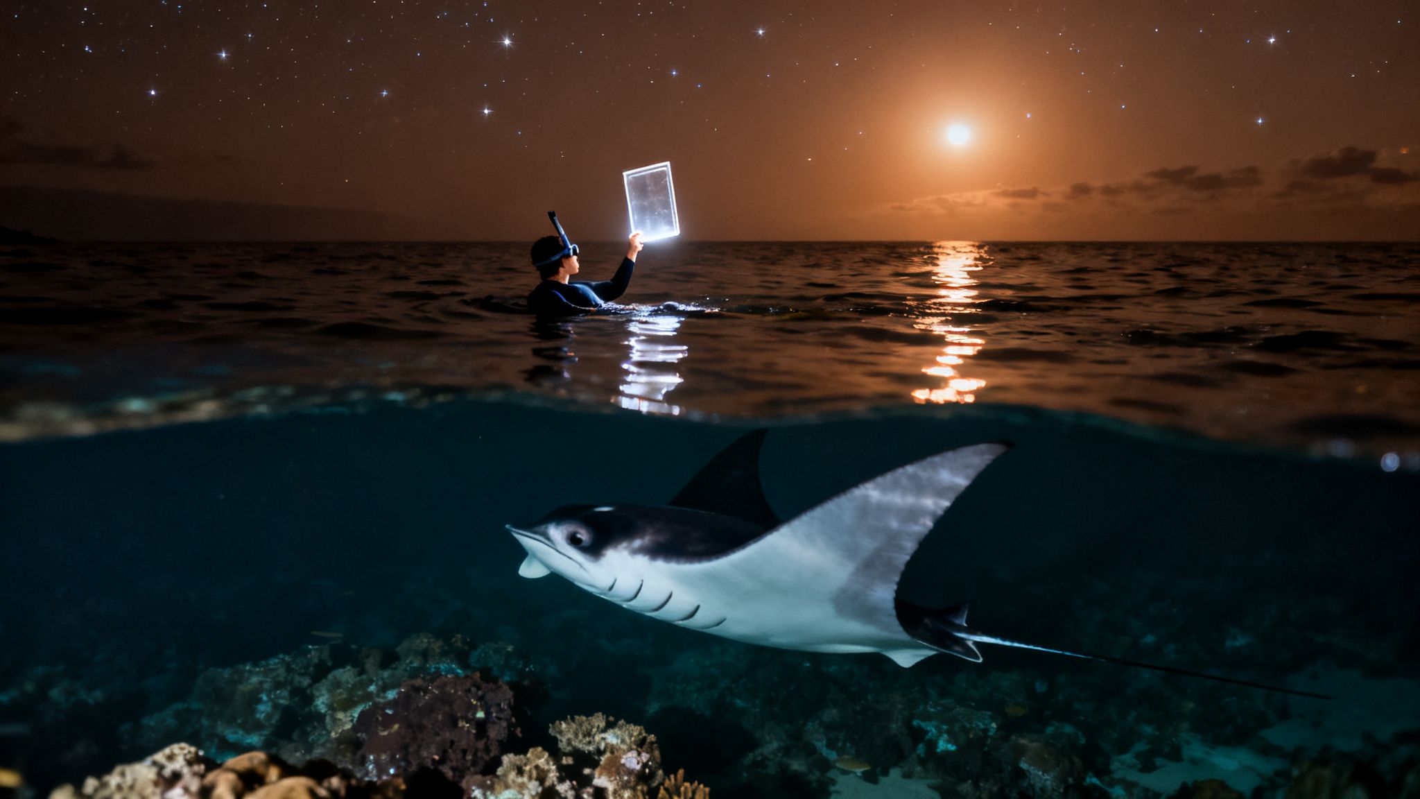 A diver with a glowing tablet at night, above a manta ray swimming over coral, under a starry, moonlit sky.