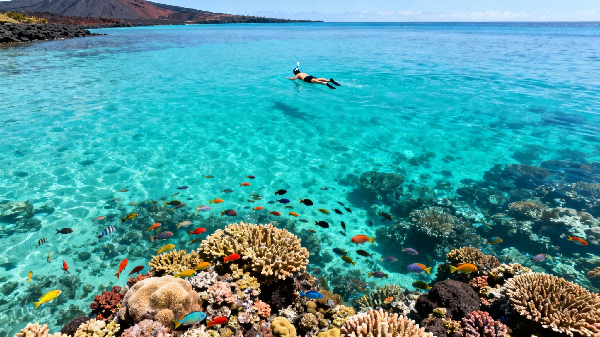 A person snorkeling in a vibrant coral reef with tropical fish in clear blue ocean water near a volcanic island.