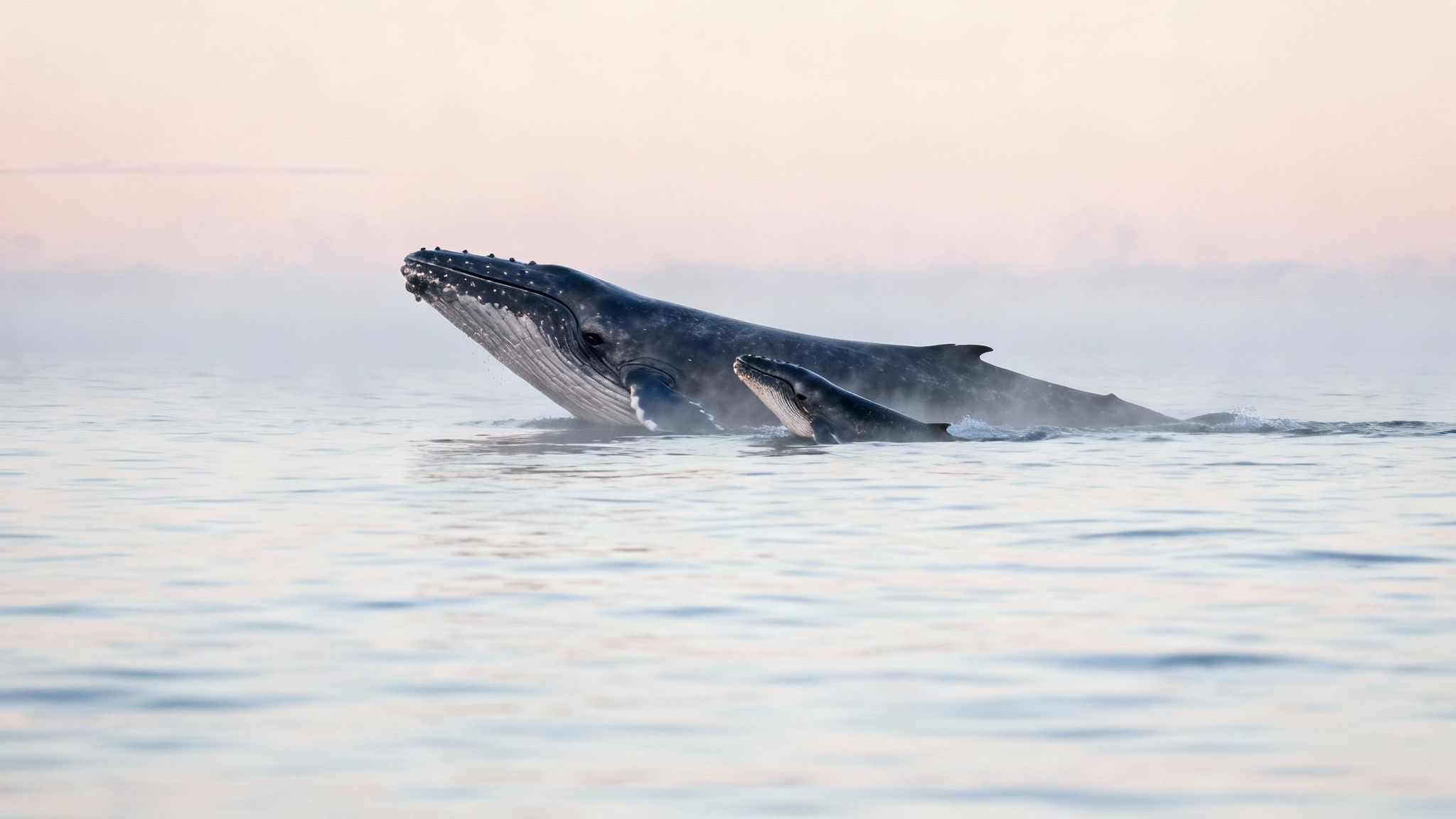 Humpback whale breaching at sunrise during peaceful ocean whale watching tour