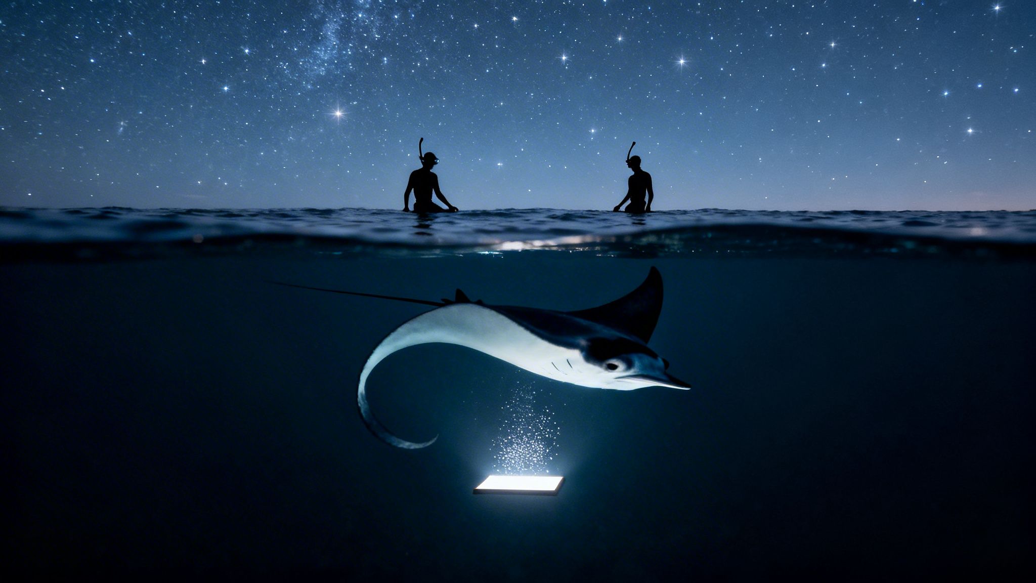A breathtaking split-level view: snorkelers under starry night sky, manta ray with glowing phone underwater.