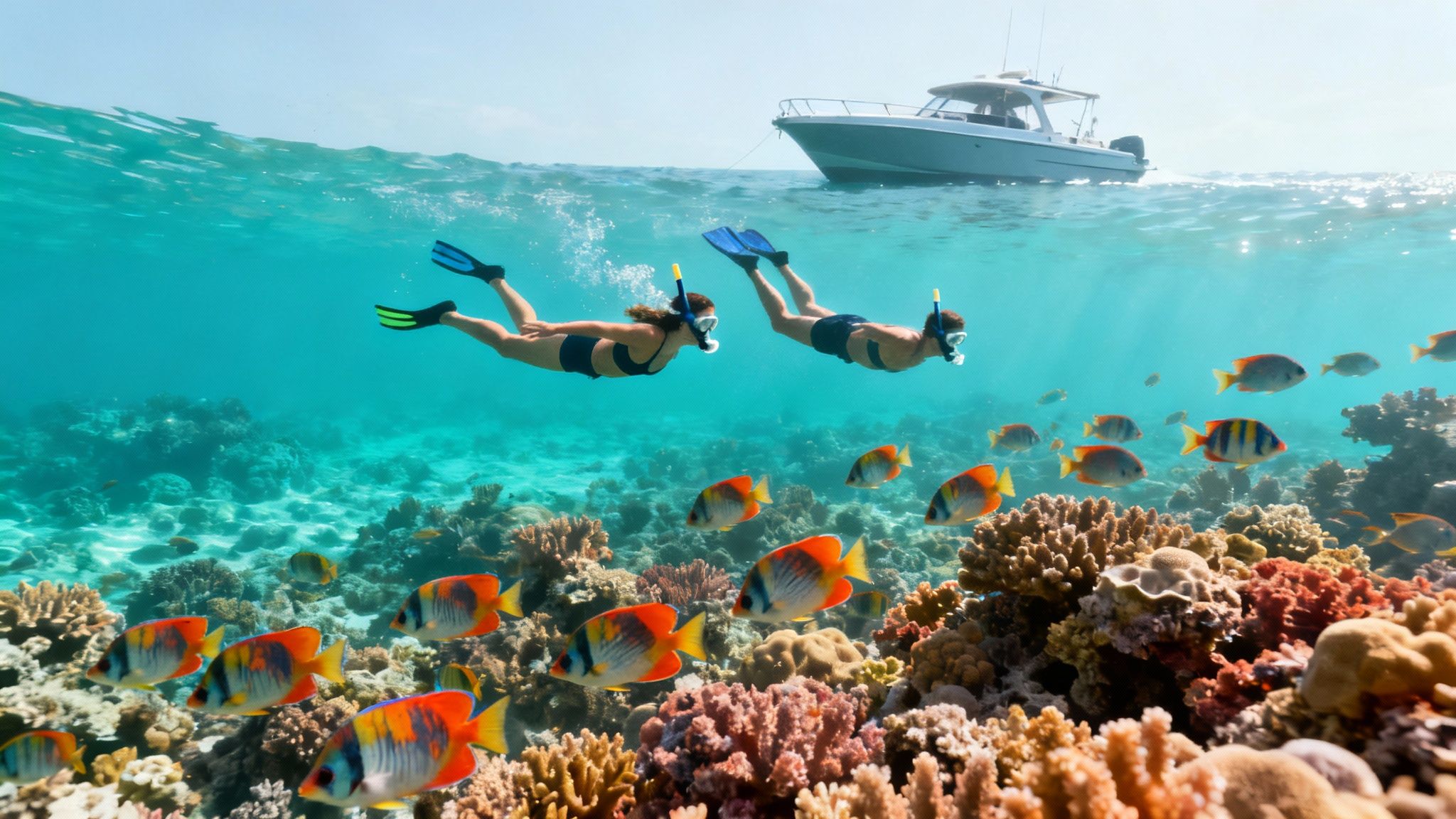 Snorkeler swimming with tropical fish in the clear blue waters of Kealakekua Bay