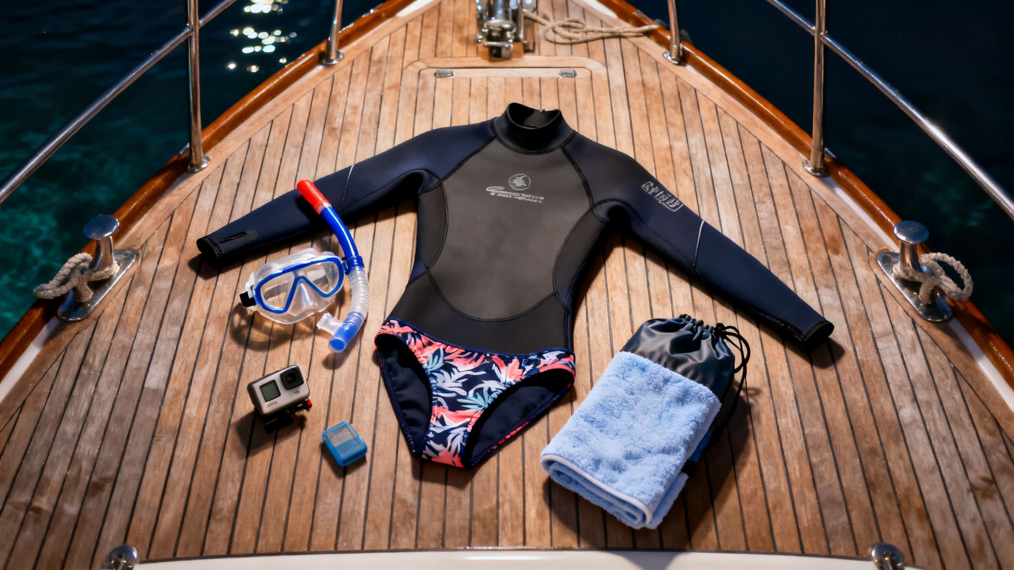 Snorkeling gear, including a wetsuit, mask, snorkel, and camera, laid on a boat deck.