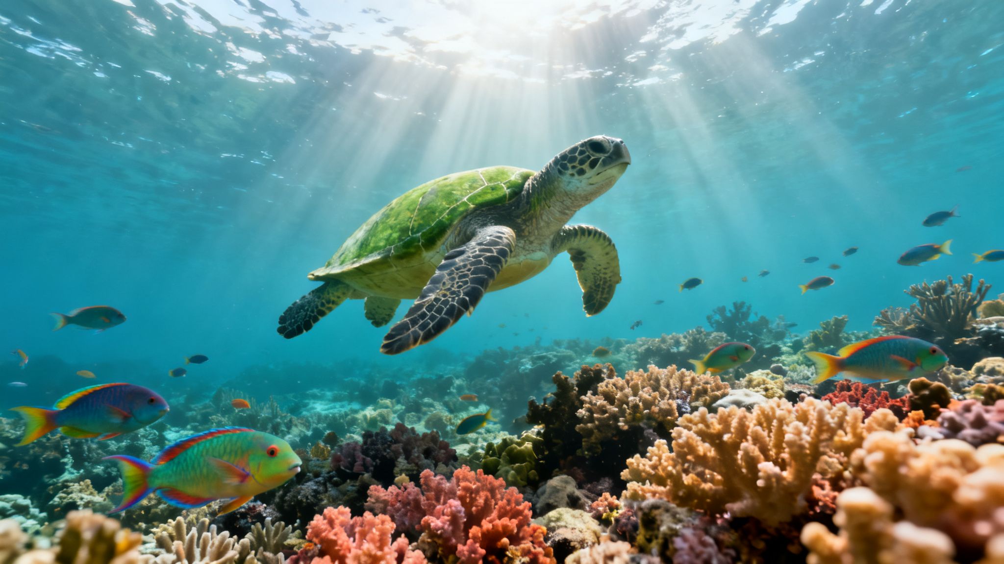 A green sea turtle swims gracefully over a colorful coral reef, bathed in sunlight, with vibrant fish.