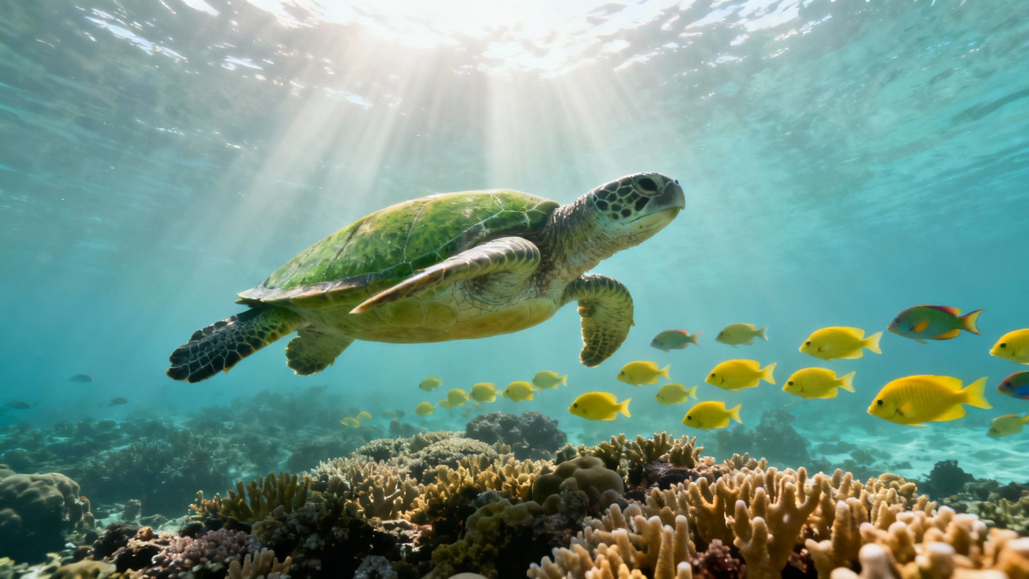 A vibrant green sea turtle swims gracefully over a colorful coral reef with schools of yellow fish, bathed in sun rays.