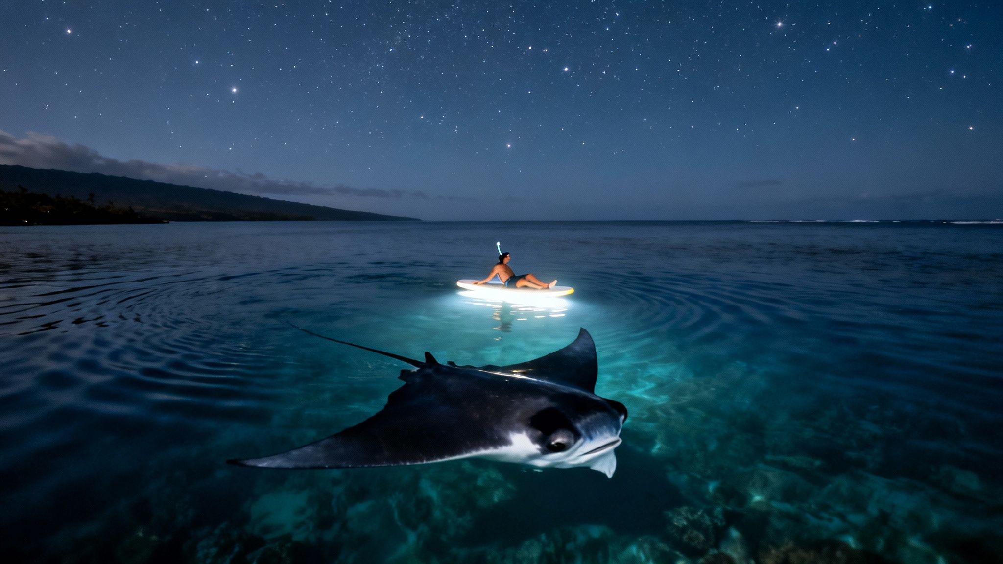 A person on an illuminated paddleboard, snorkeling with a manta ray under a starry night sky.