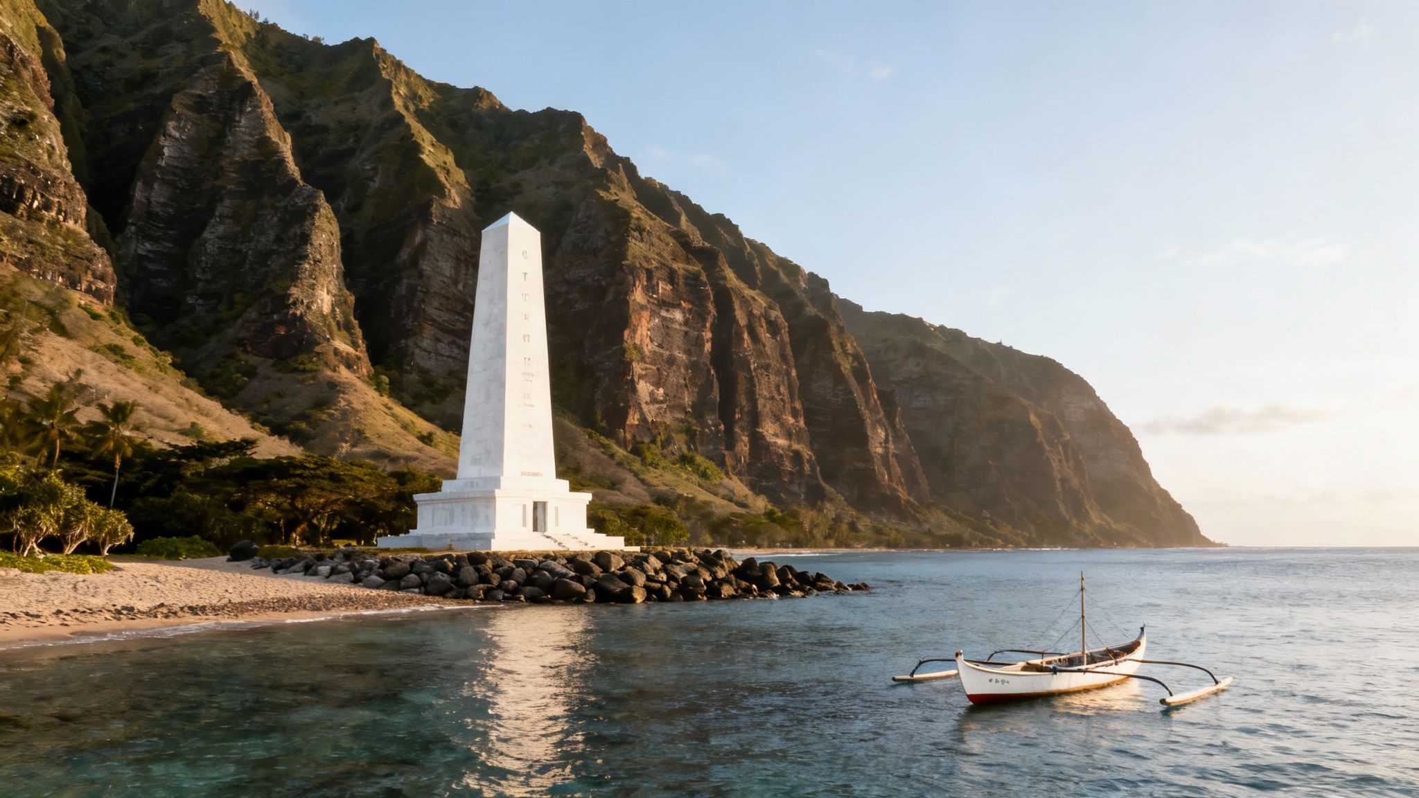 A picturesque Hawaiian coastline featuring a white monument, towering cliffs, and an outrigger canoe at dawn.
