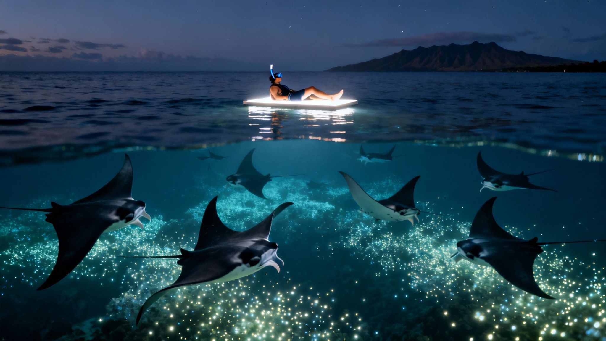 A person on a glowing raft snorkels at night above bioluminescent manta rays.