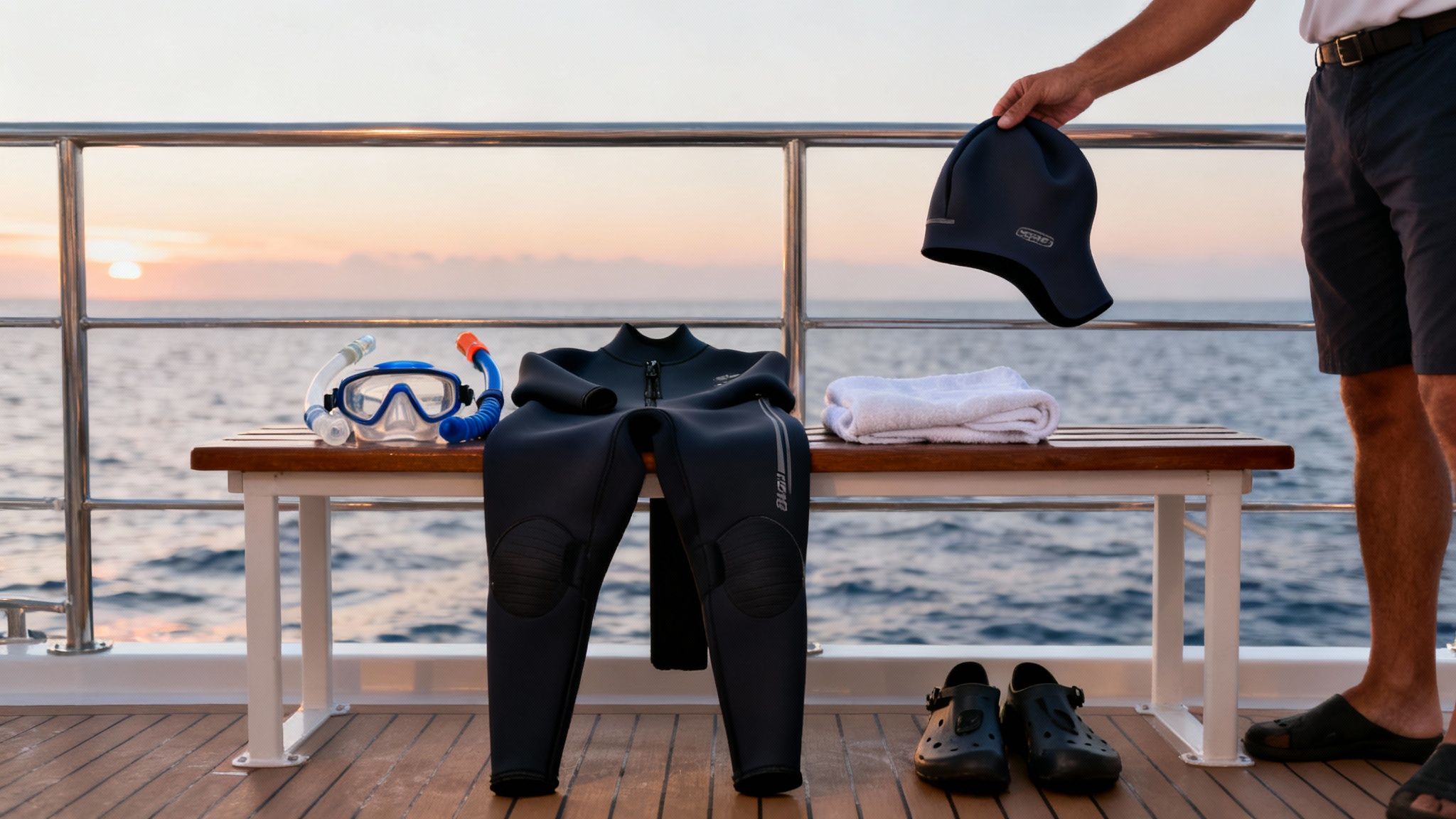 Snorkeling mask, snorkel, wetsuit, and towel on a boat deck with a person holding a cap at sunset.