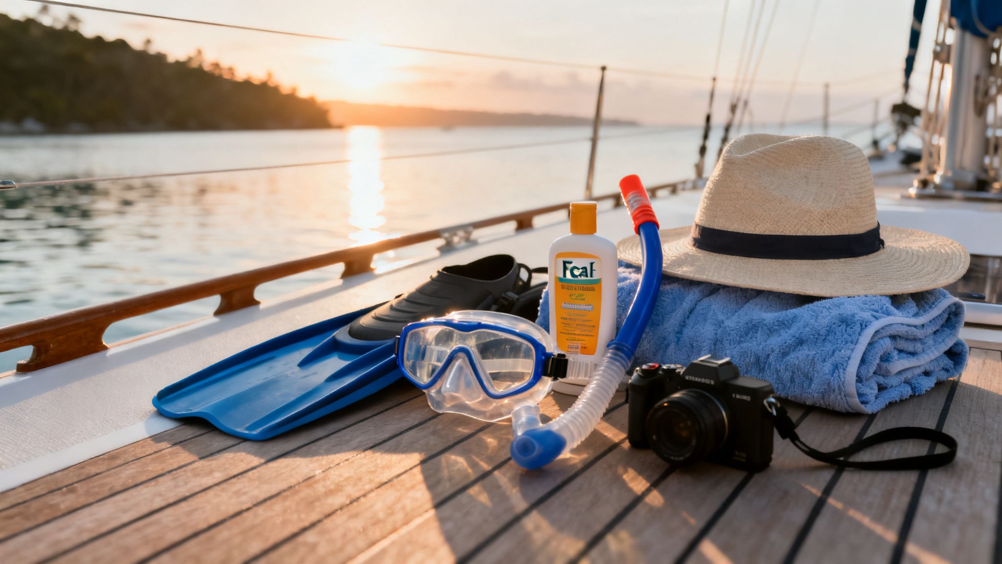 Snorkeling gear, sunscreen, hat, towel, and camera neatly arranged on a boat deck at sunset.