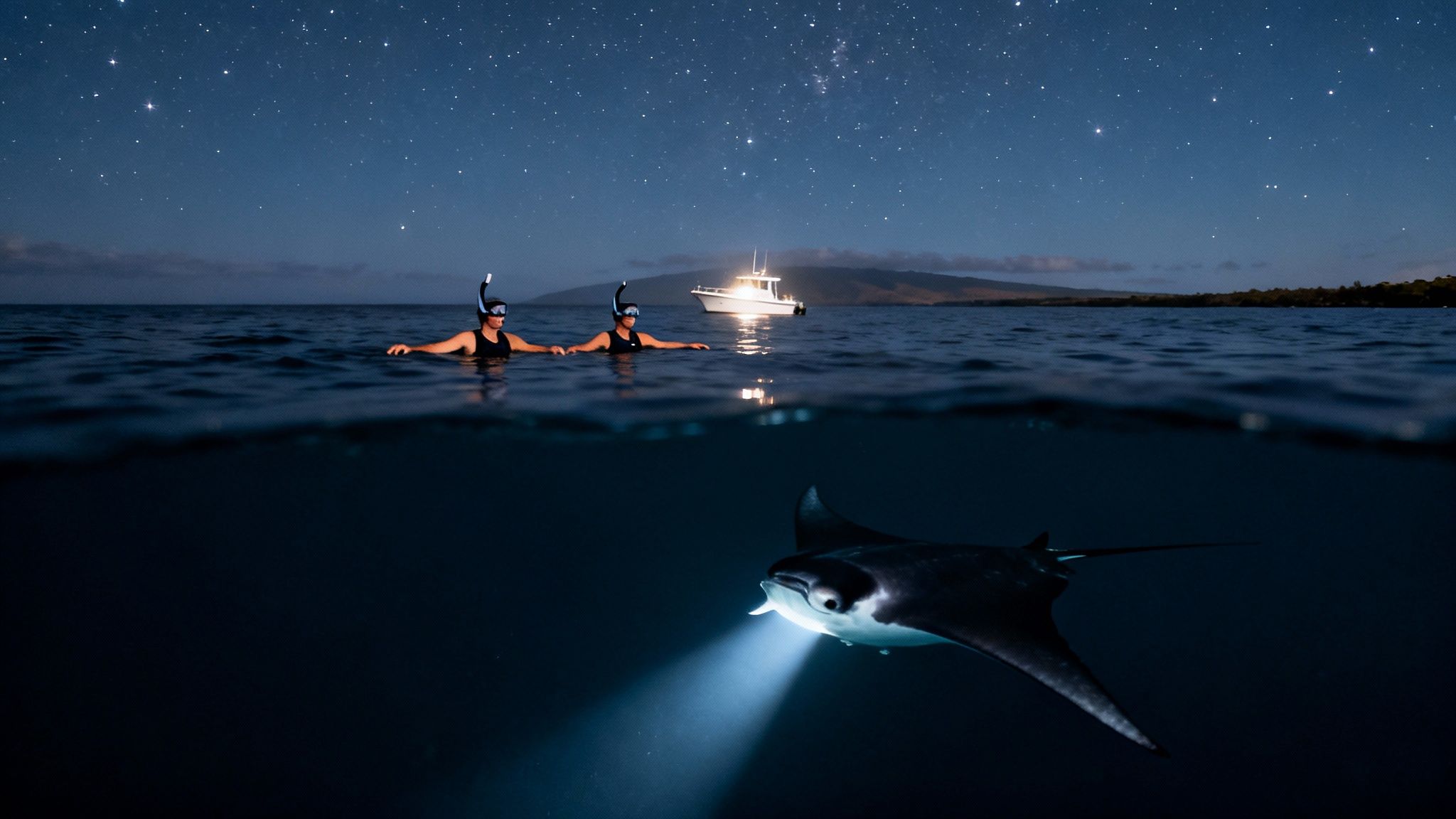 Two snorkelers watch a giant manta ray illuminated underwater at night under a starry sky.