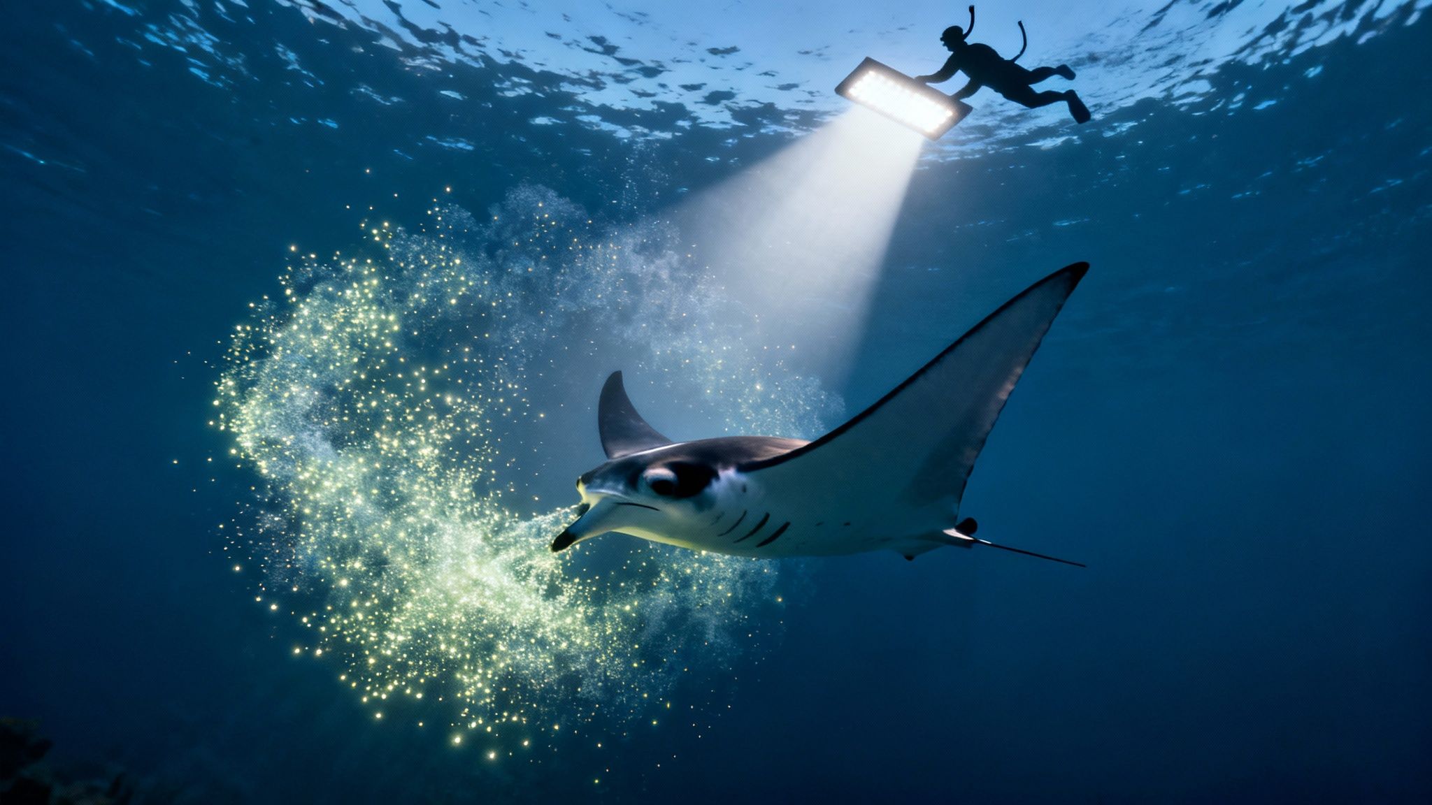 A snorkeler illuminates a majestic manta ray underwater, surrounded by glowing plankton.