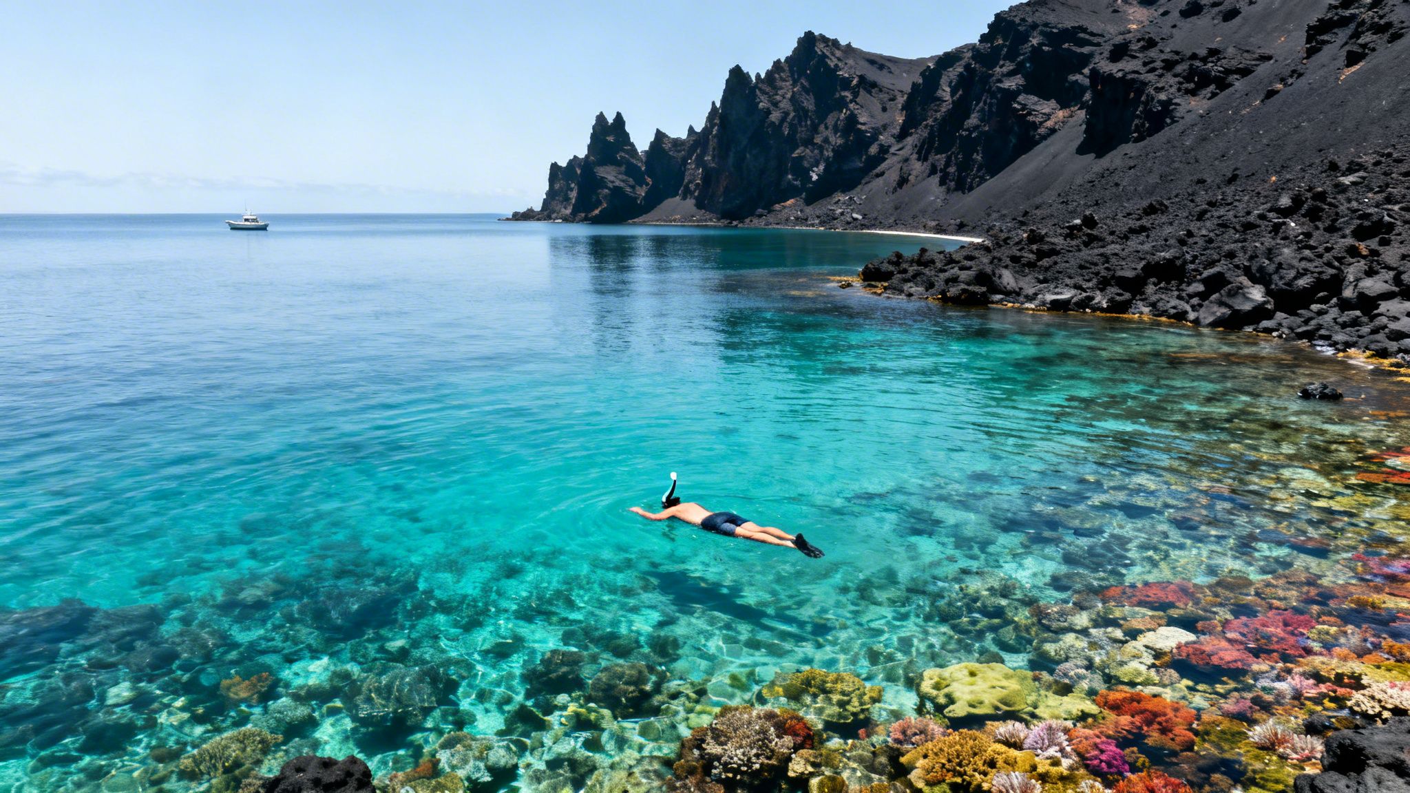 Snorkeler explores a vibrant coral reef in clear turquoise water near a dramatic black volcanic coastline.