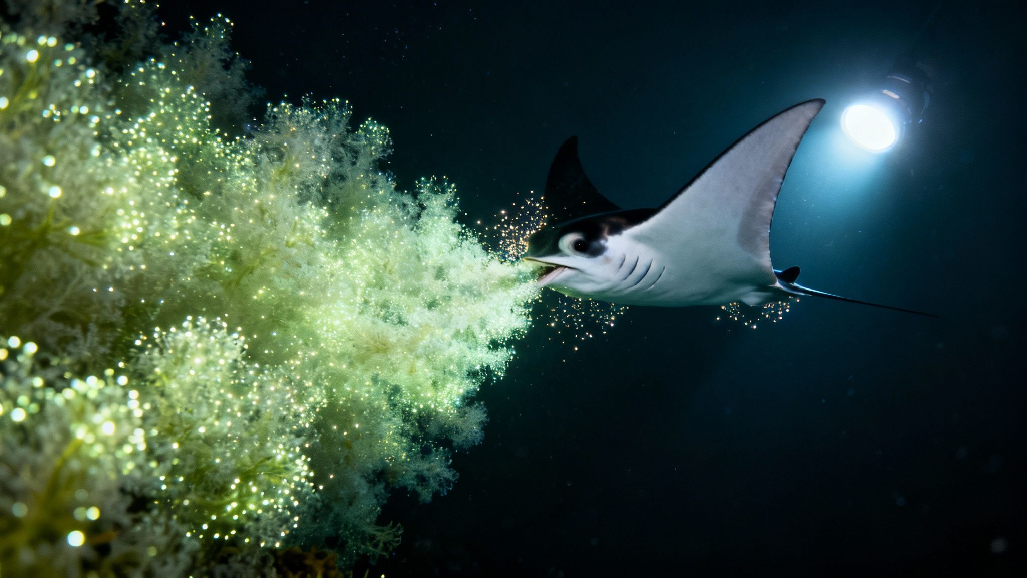 A majestic manta ray feeding on glowing plankton at night underwater, illuminated by a light.