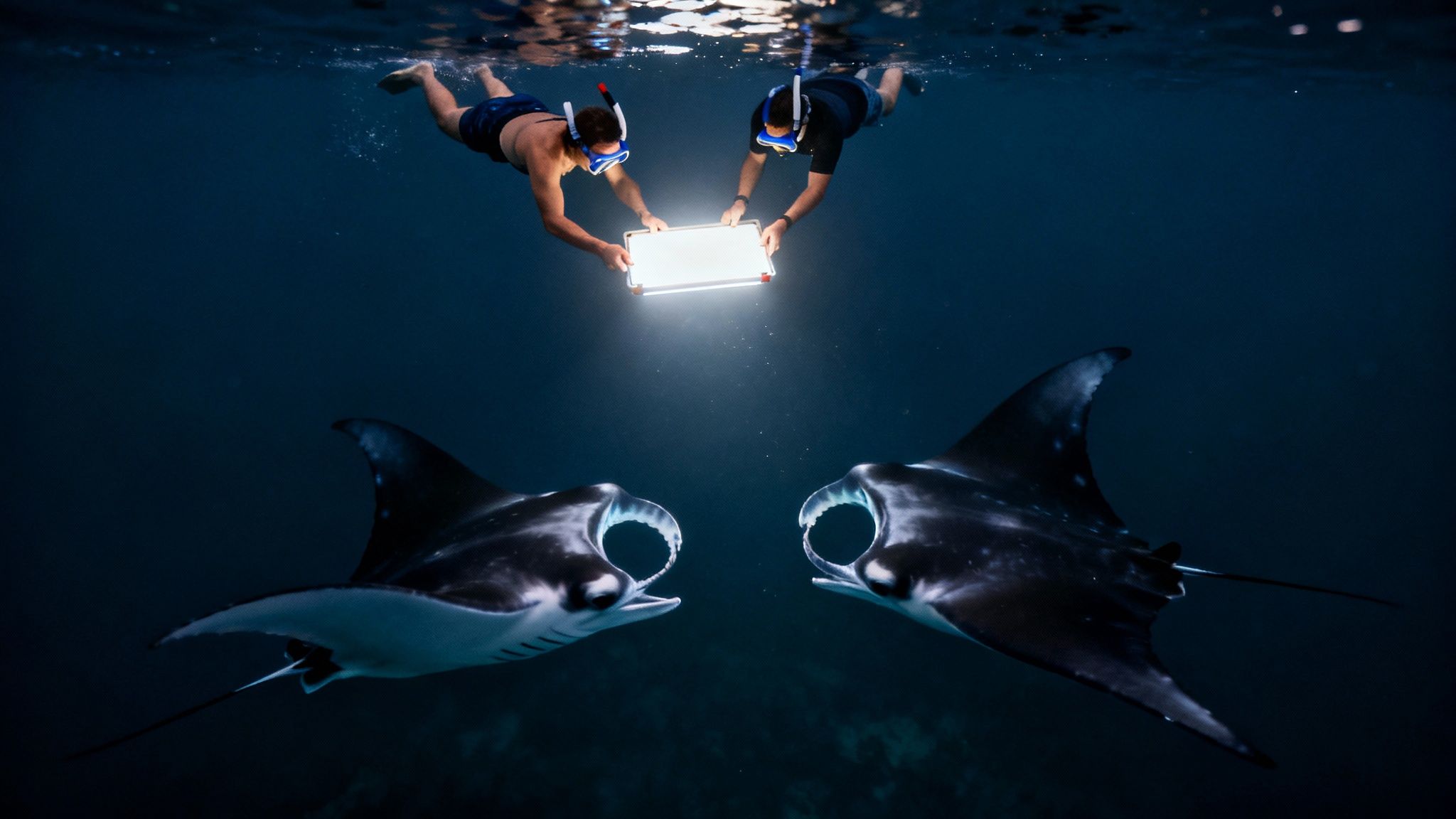 Snorkelers holding onto a light board at night as a huge manta ray glides just beneath them.