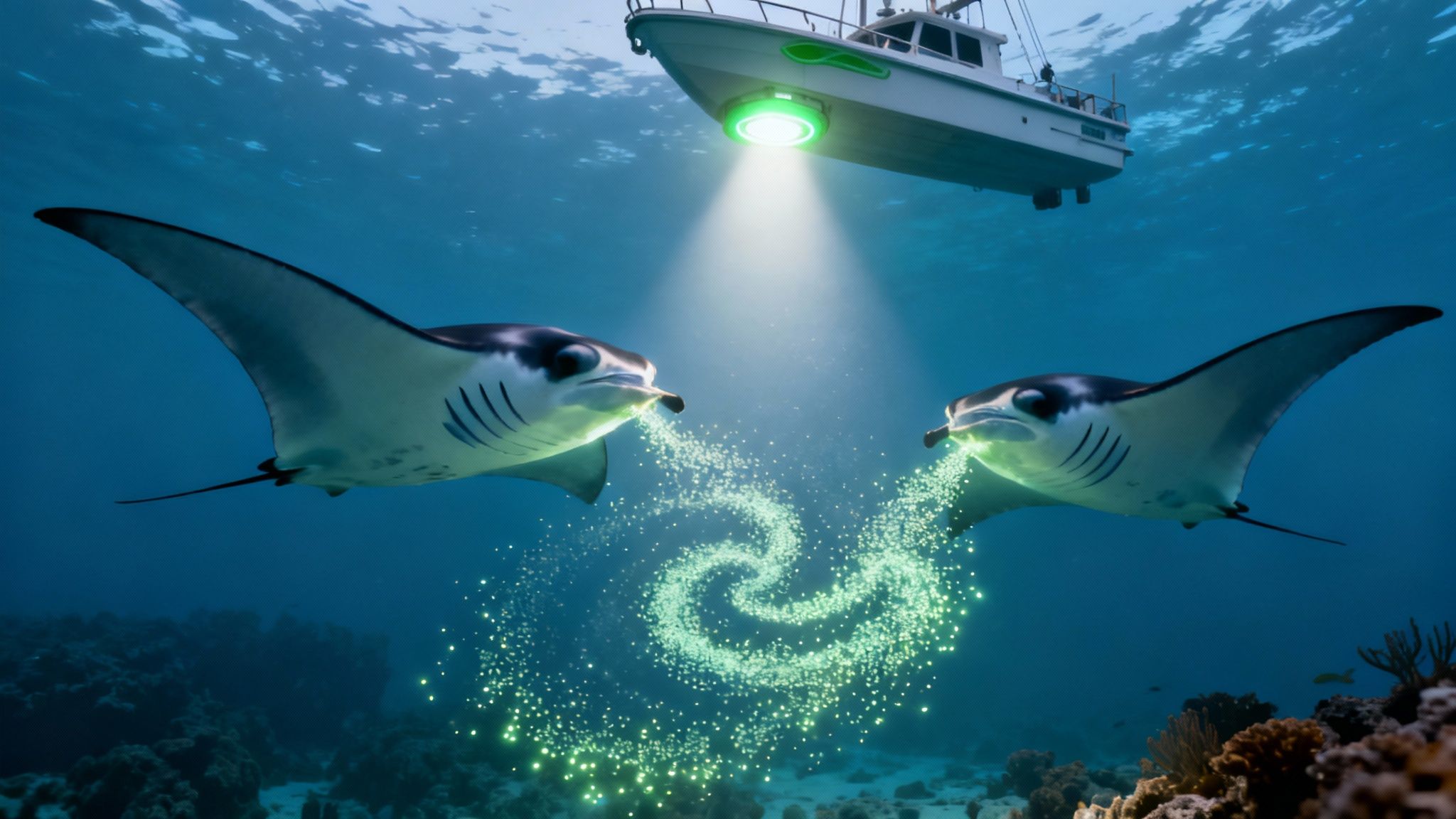 Manta ray swimming gracefully with its mouth open to filter feed.