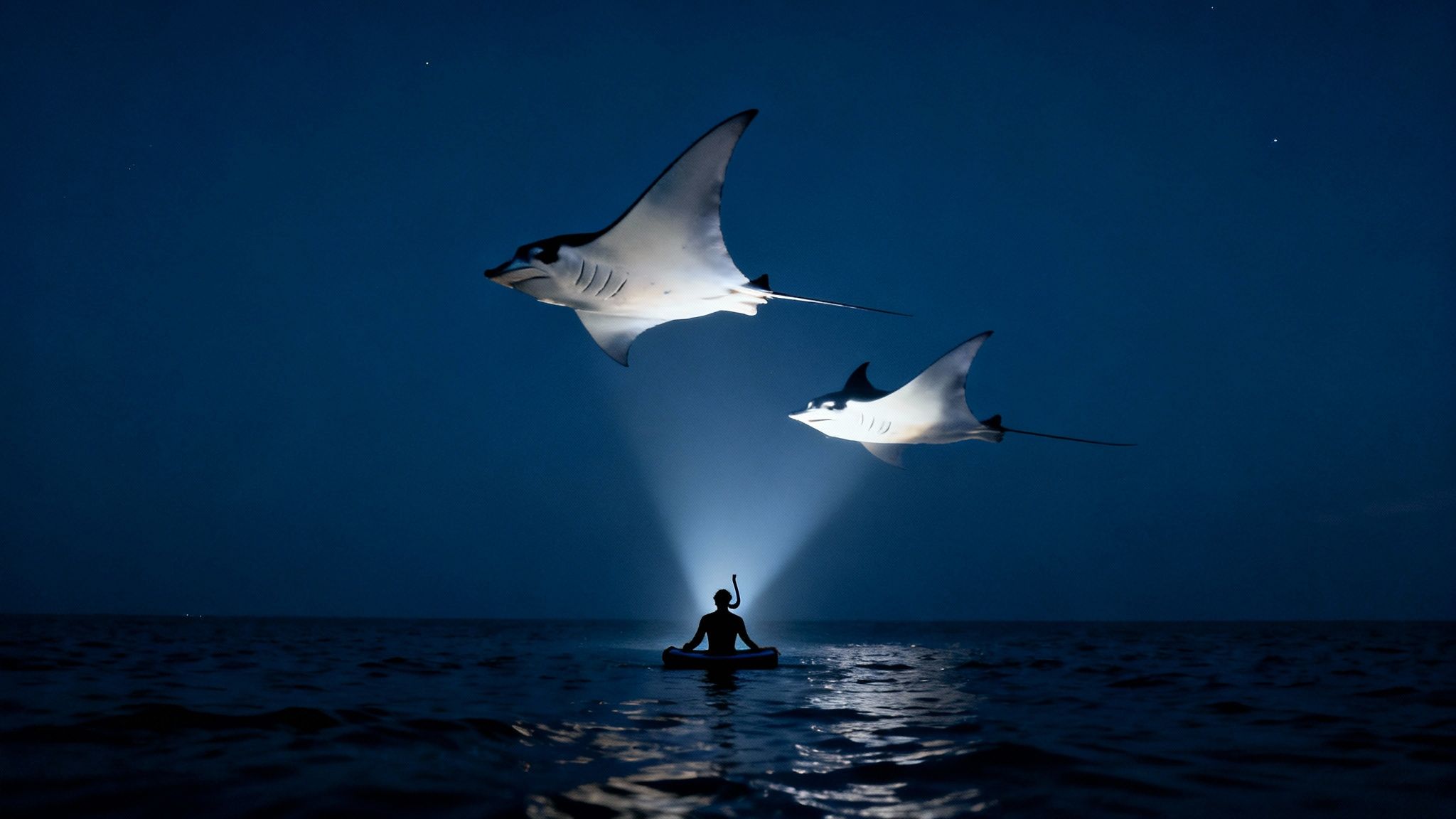 A manta ray glides gracefully through the dark water at night in Kona, illuminated by lights.