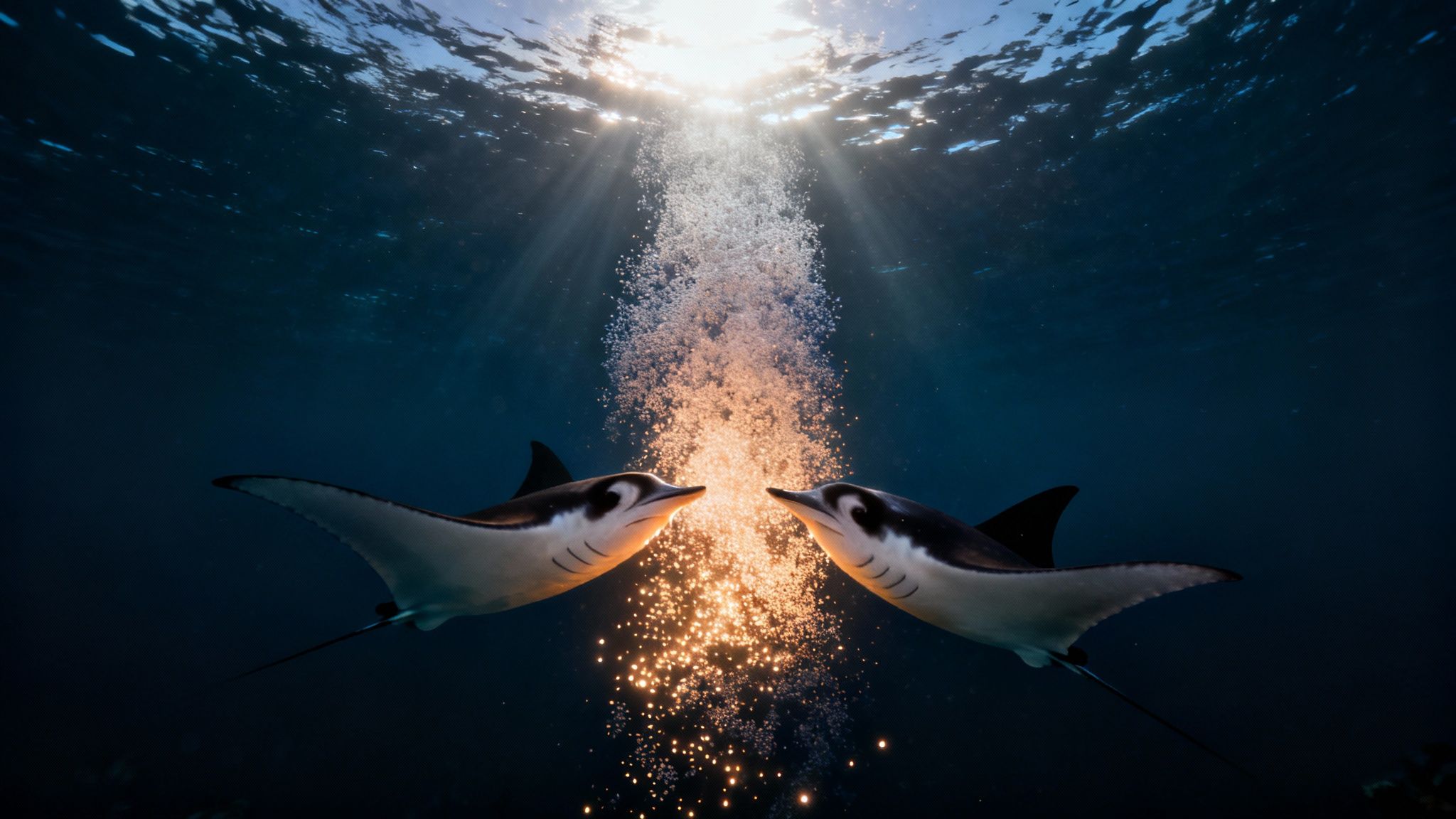 Two majestic manta rays face each other underwater, illuminated by sun-drenched bubbles from above.