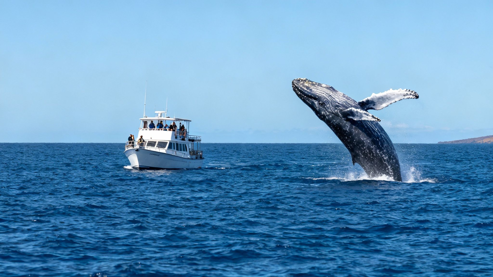 A majestic humpback whale breaches high out of the deep blue ocean near a whale watching tour boat.
