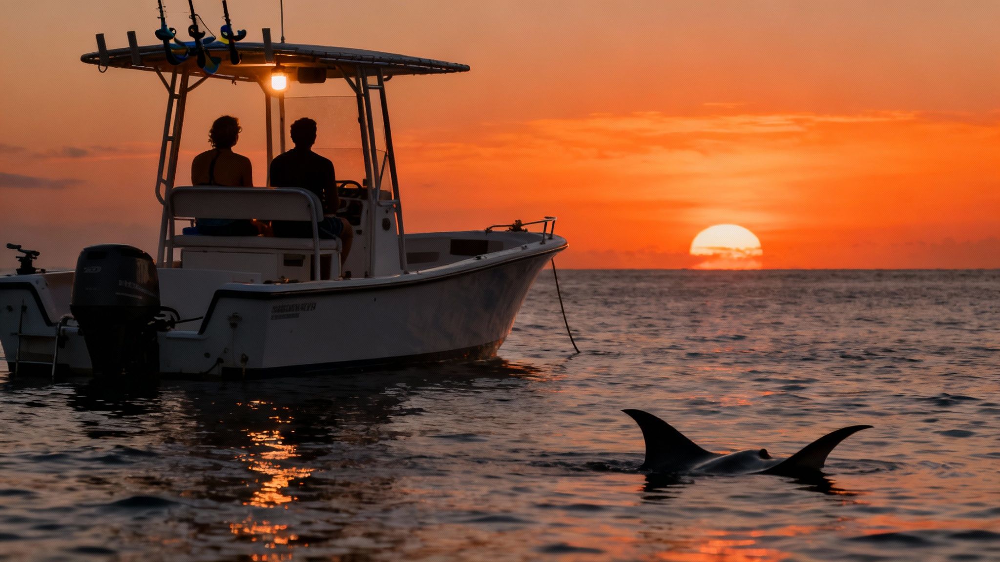 A scenic ocean sunset with a boat, two people silhouetted, and a manta ray's fins.