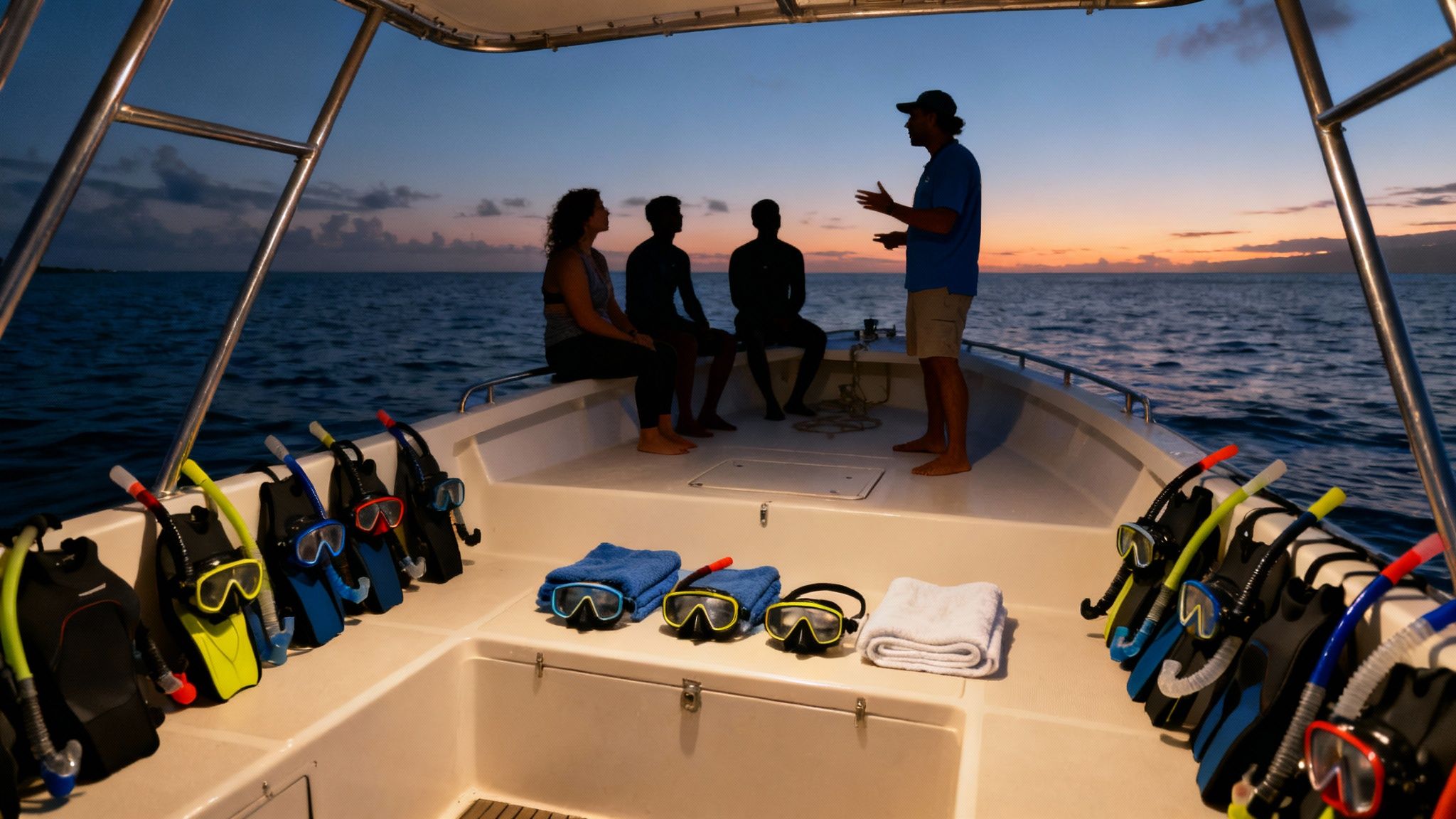 A snorkeler in the dark ocean looks down at a massive manta ray swimming just beneath them.