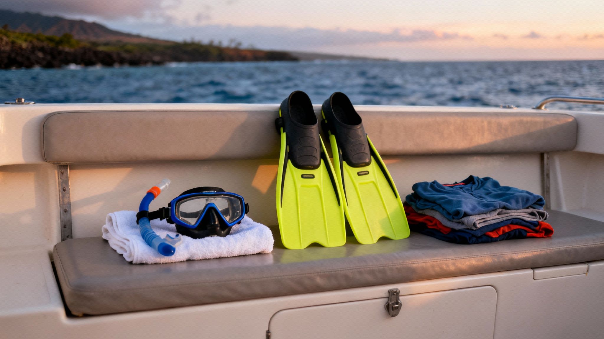 Snorkeling gear, including mask, snorkel, and fins, along with folded clothes on a boat deck at sunset.