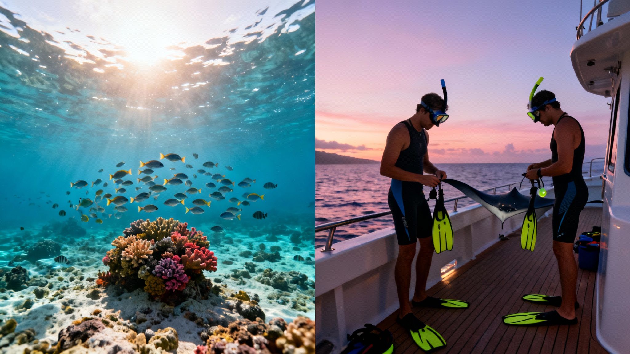 Underwater scene with coral reef and fish, next to two men on a boat preparing snorkeling gear at sunset.
