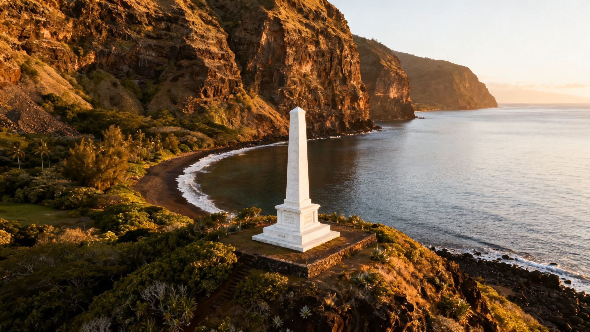 A striking white obelisk monument stands on a lush cliff overlooking a peaceful bay and dark sand beach at sunrise.