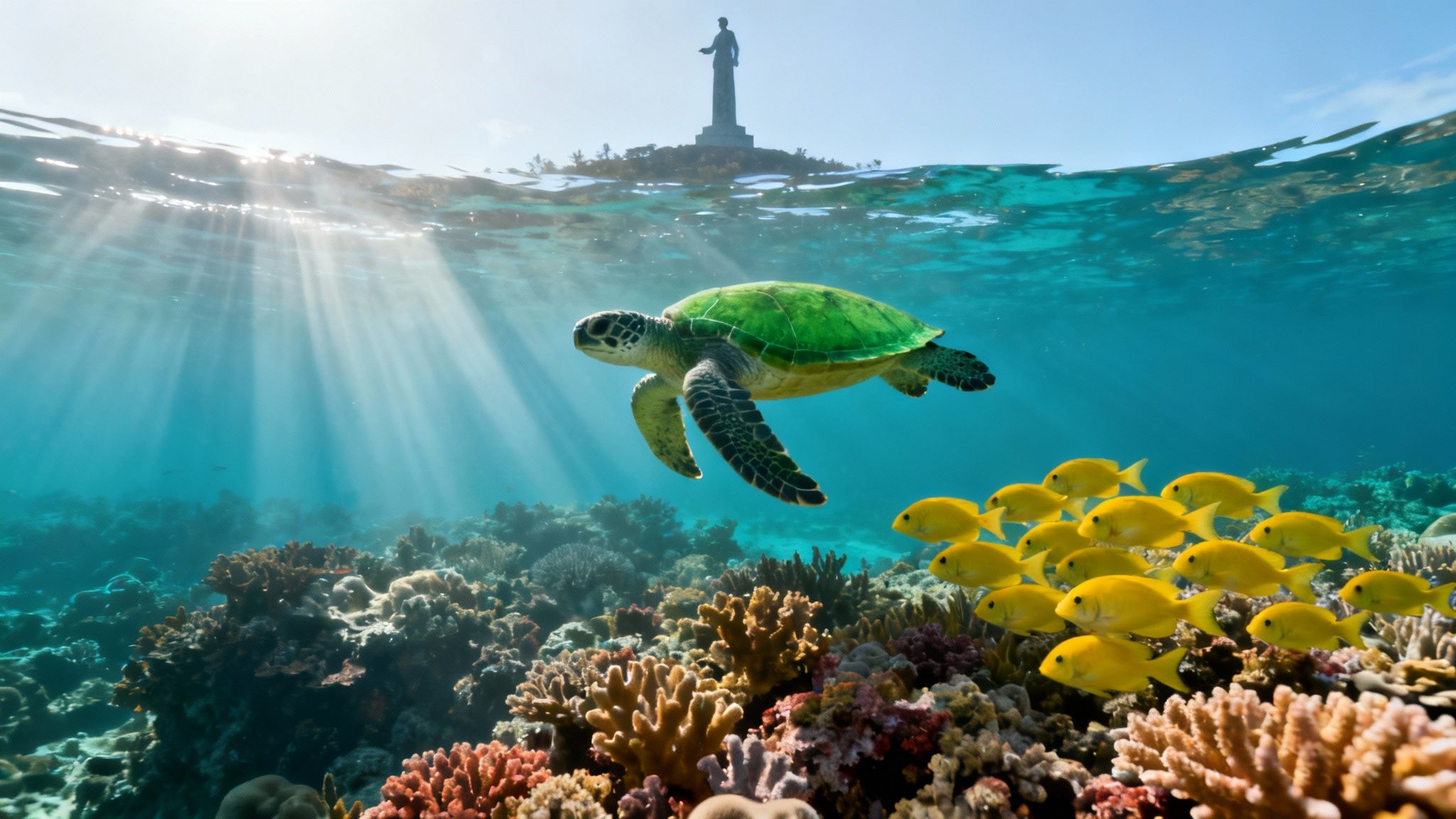 A colorful school of yellow tang fish swimming over a healthy coral reef.