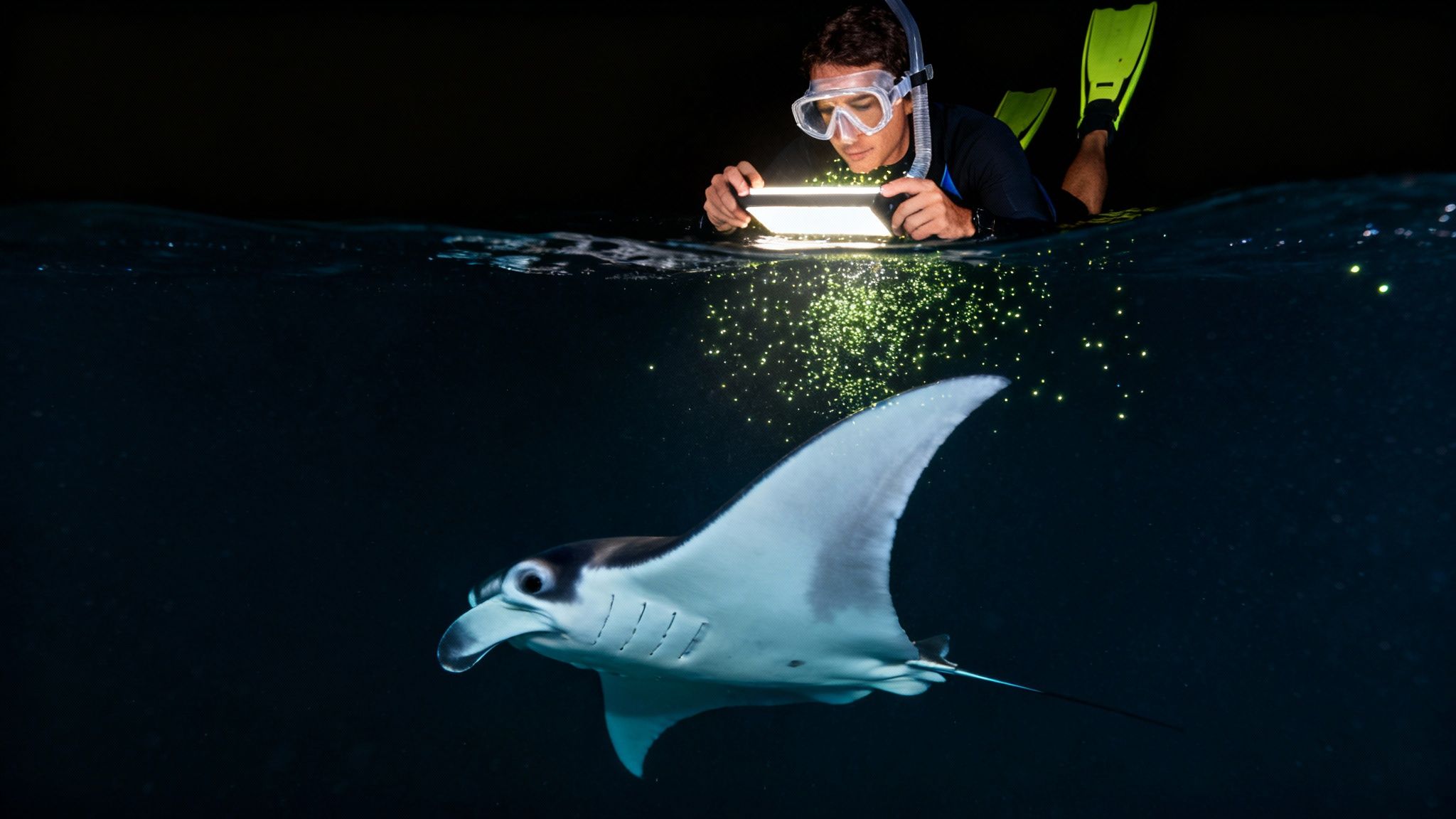 A snorkeler holds onto a light board as a manta ray swims underneath.