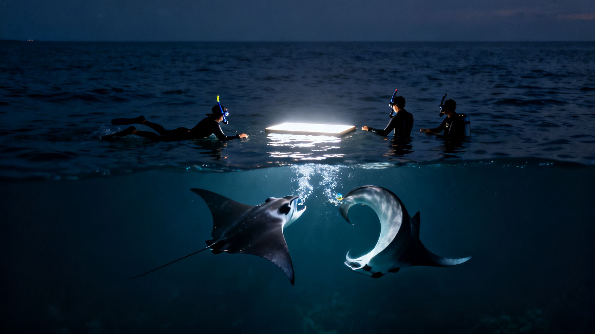 Nighttime snorkeling with glowing manta rays under a bright underwater light.