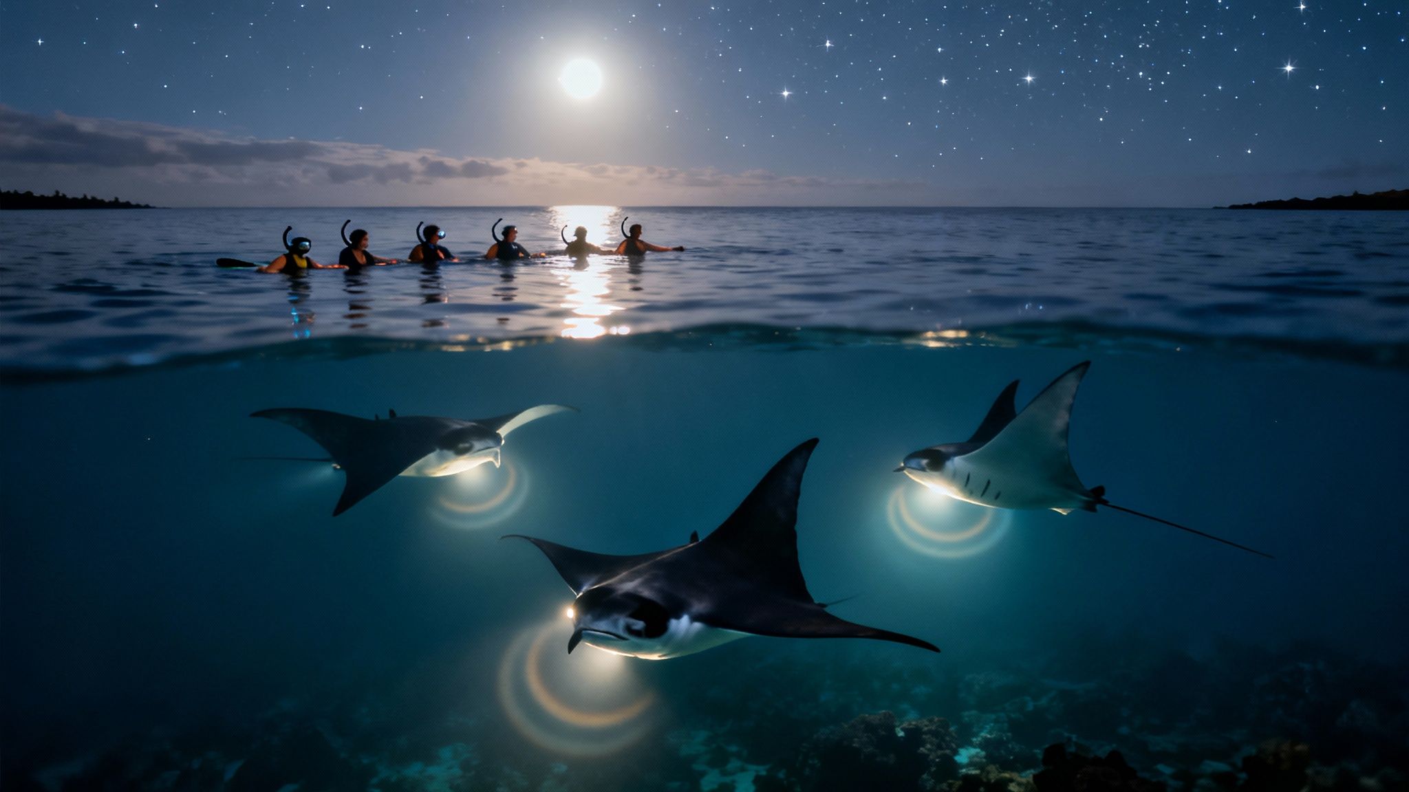 People night snorkeling under a full moon with three manta rays swimming gracefully below them.