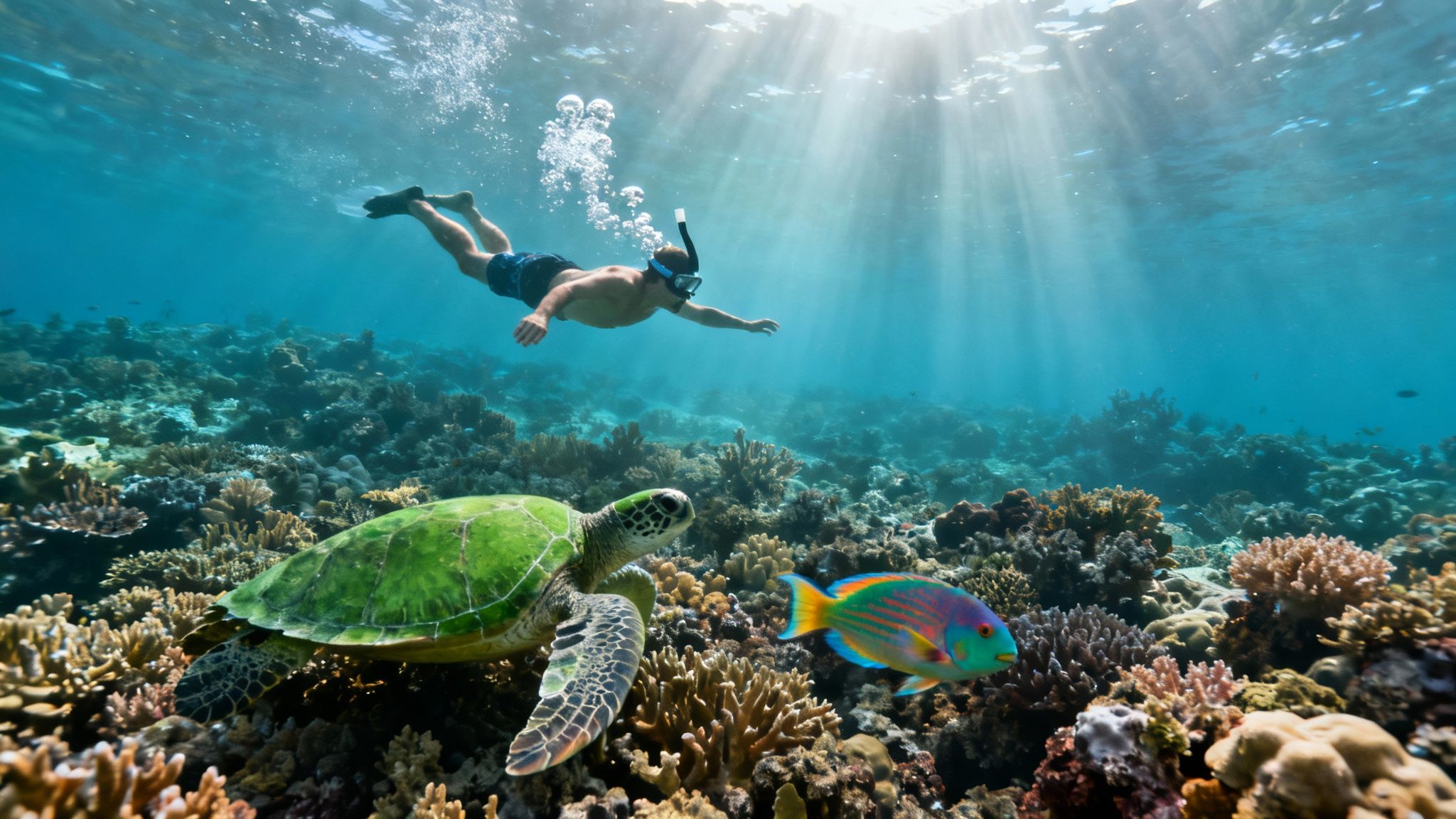 A snorkeler swims above a vibrant coral reef with a green sea turtle and a colorful parrotfish.