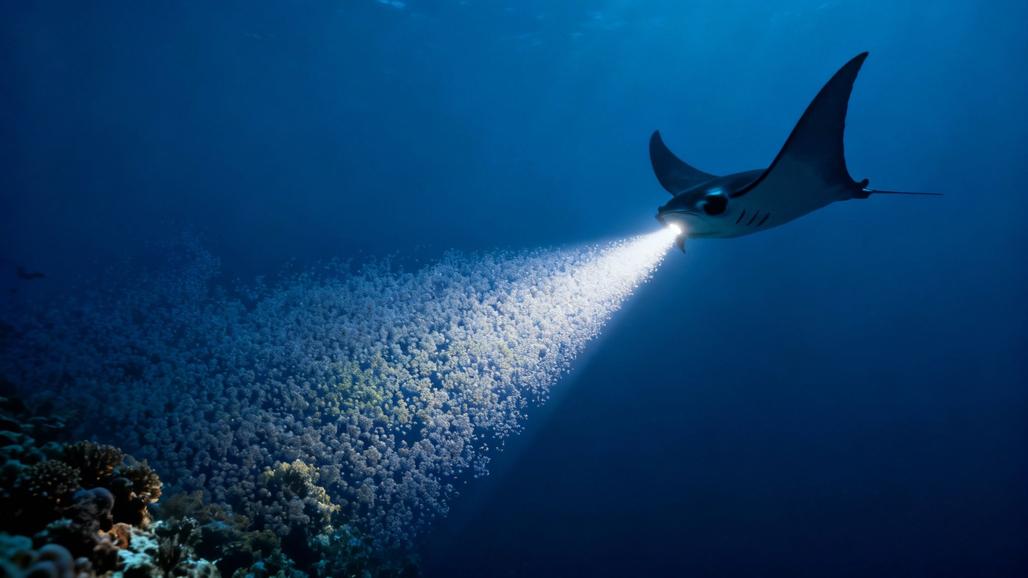 A majestic manta ray emits a bright beam of light from its mouth, illuminating a dense school of plankton underwater.