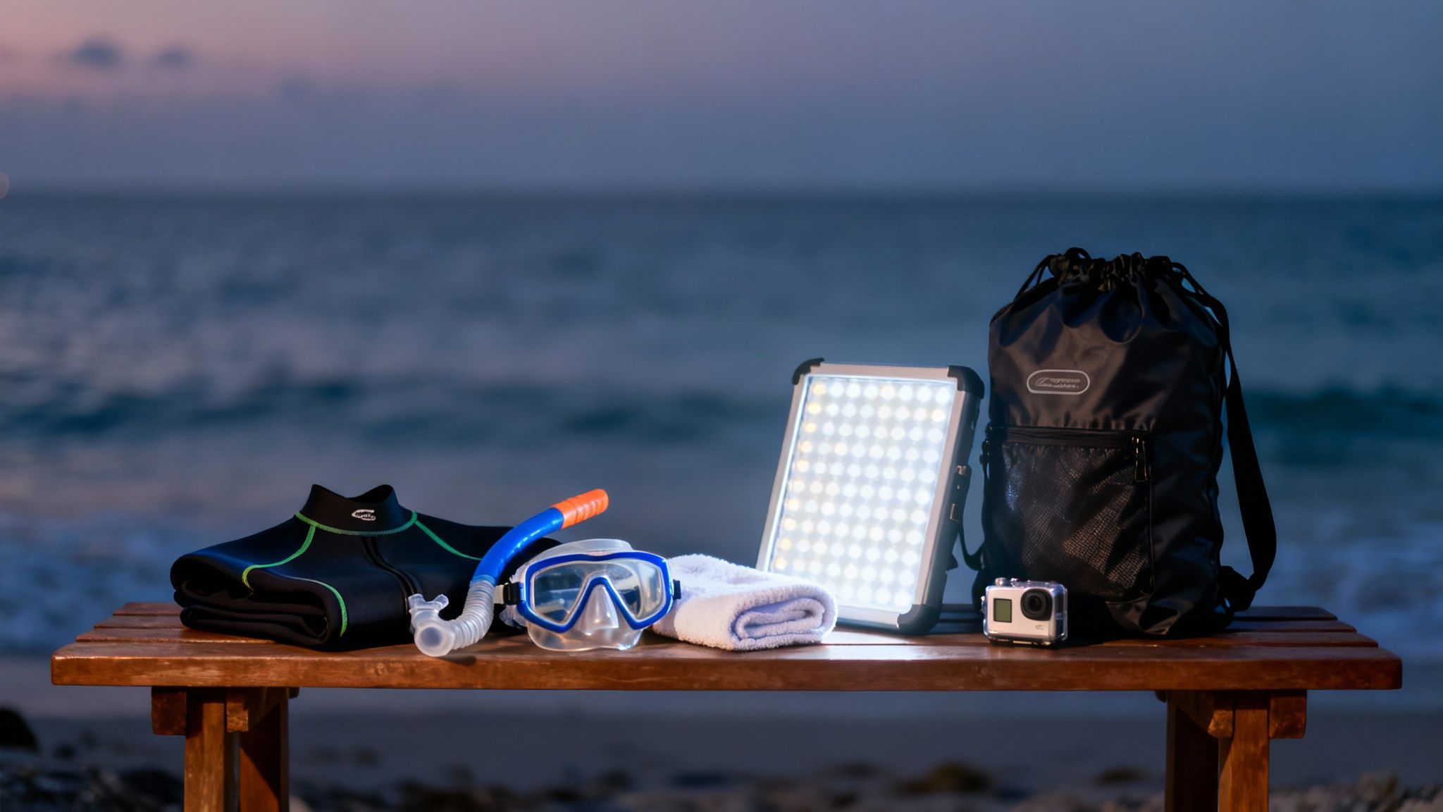 Snorkeling gear, wetsuit, LED light panel, backpack, and GoPro camera on a beach bench at dusk.