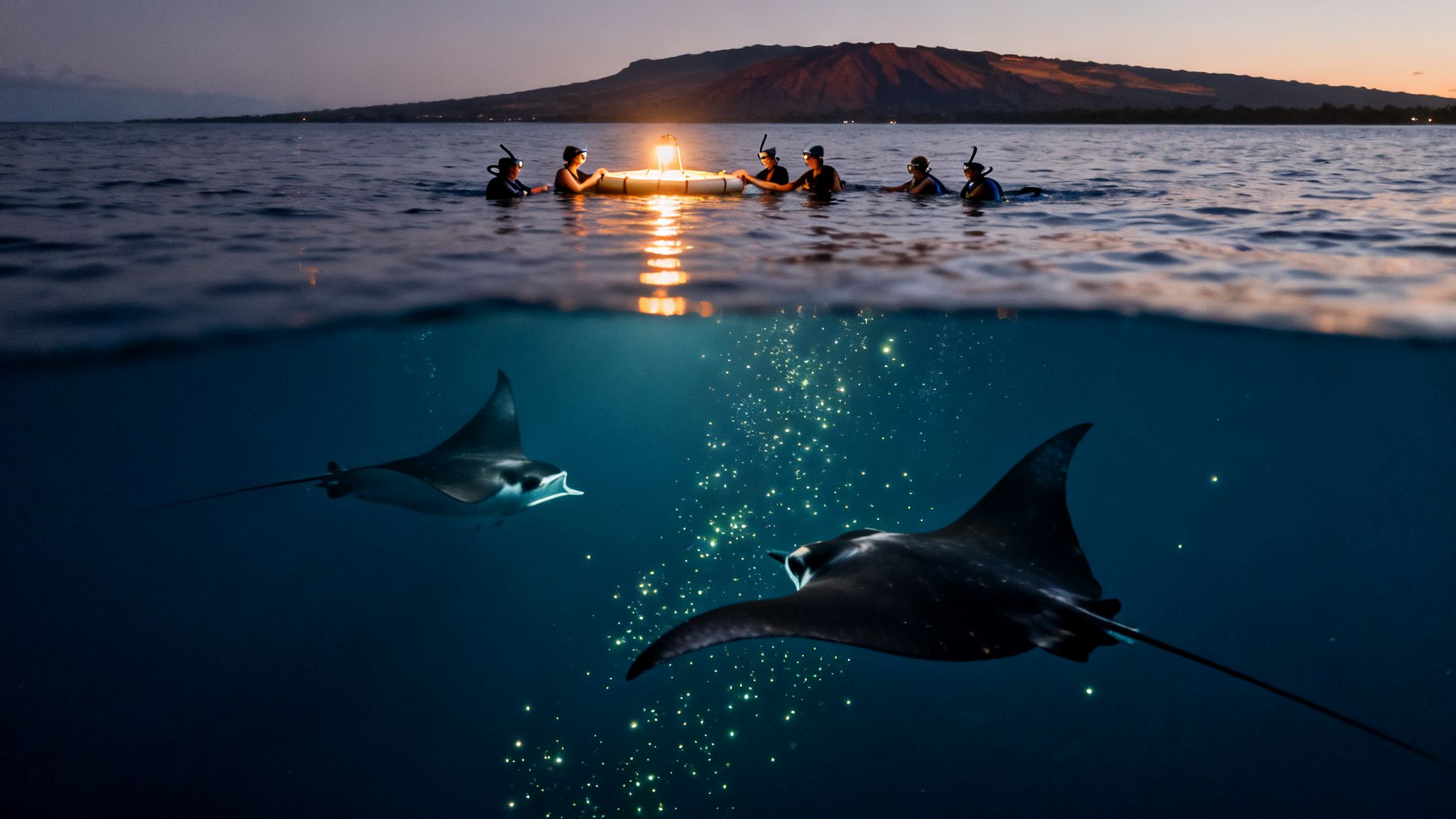 Snorkelers illuminate the ocean at night, observing two majestic manta rays gracefully swimming below.
