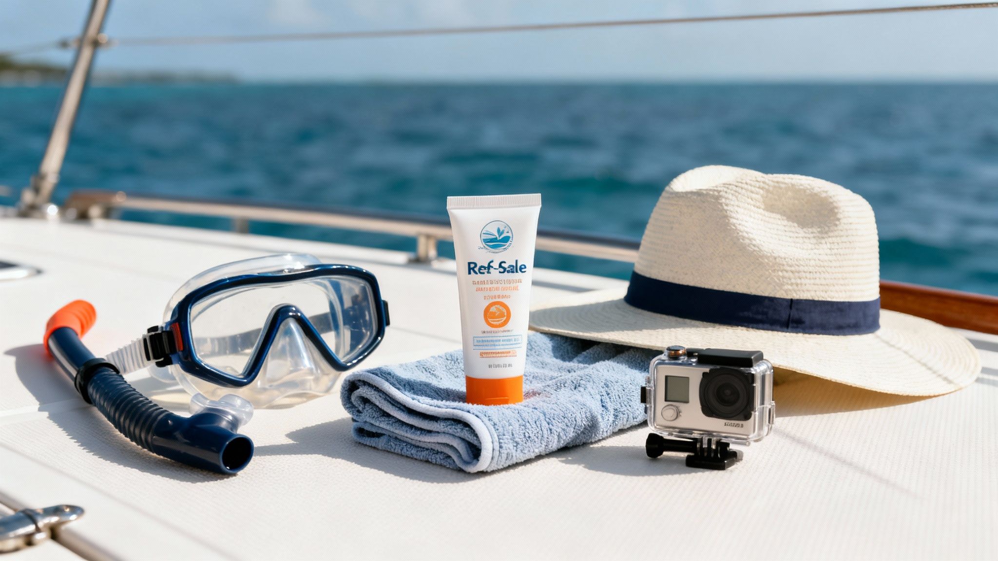 Snorkeling gear, sunscreen, a hat, and a camera on a boat deck, ready for ocean adventures.