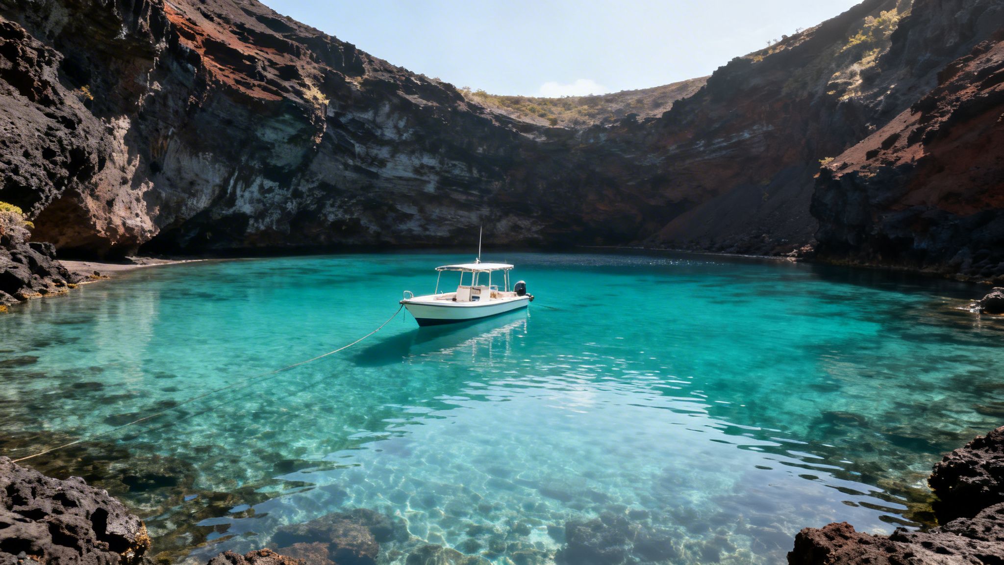 A small white boat peacefully floats on clear turquoise water surrounded by dark volcanic cliffs.