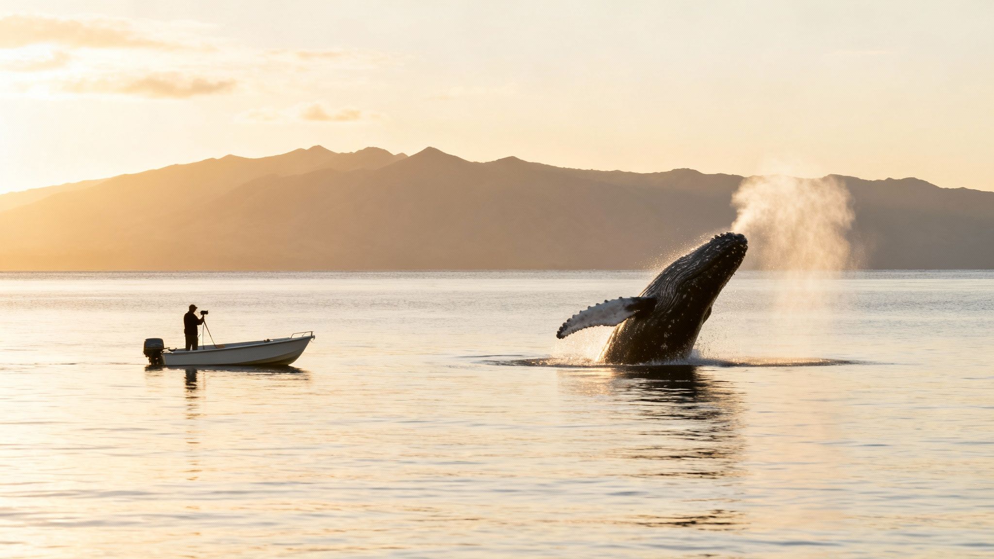 A person photographs a humpback whale breaching out of the water at sunset.