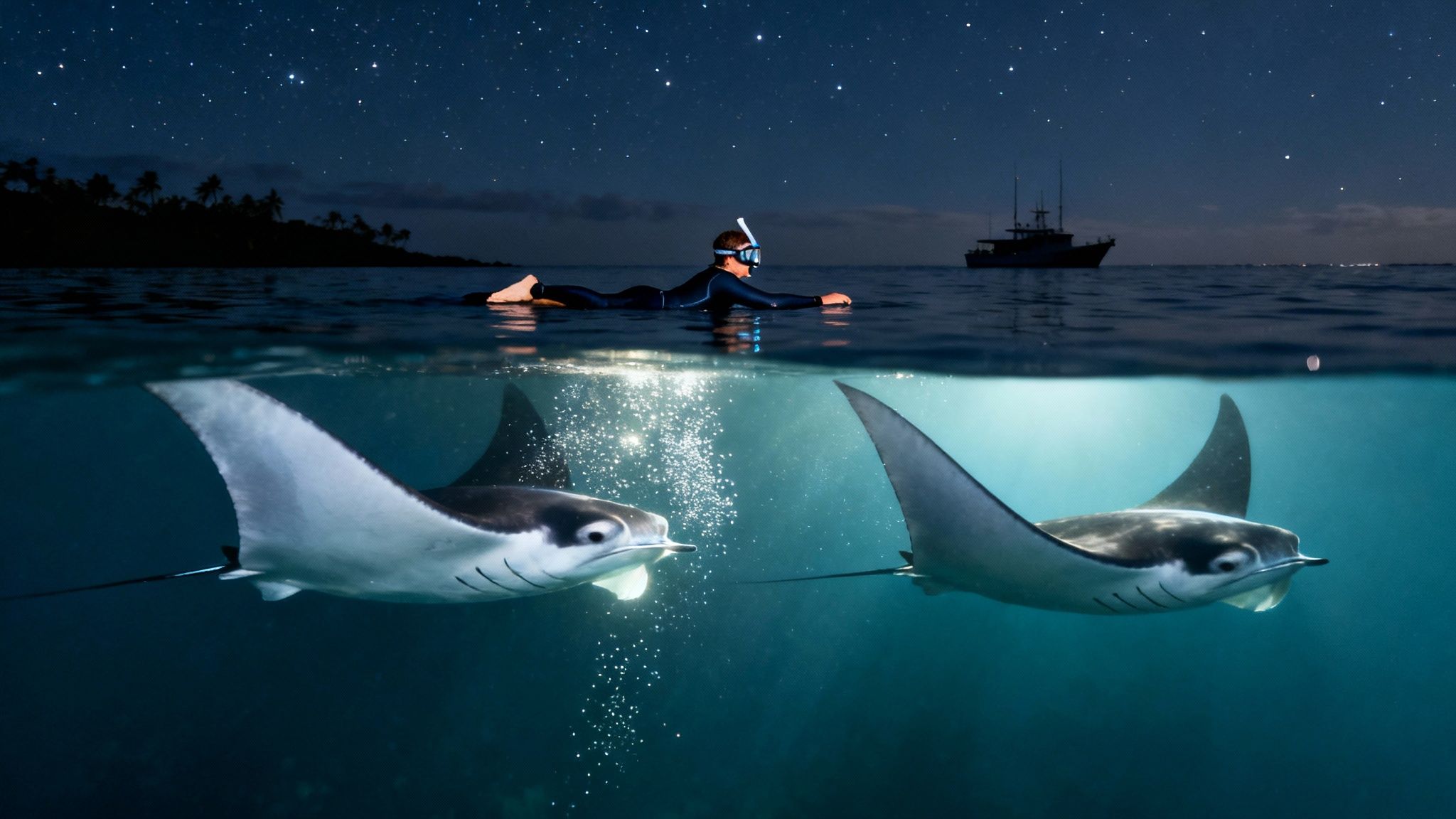 Split-level photo of a person snorkeling with manta rays at night under a starry sky.