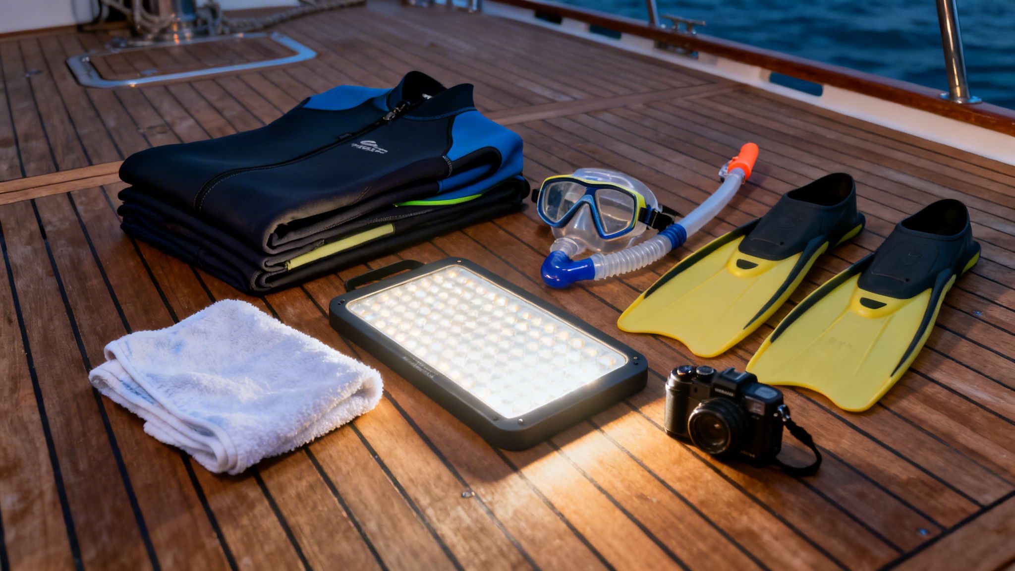 Snorkeling gear, a towel, LED light, and camera are laid out on a wooden boat deck at night.