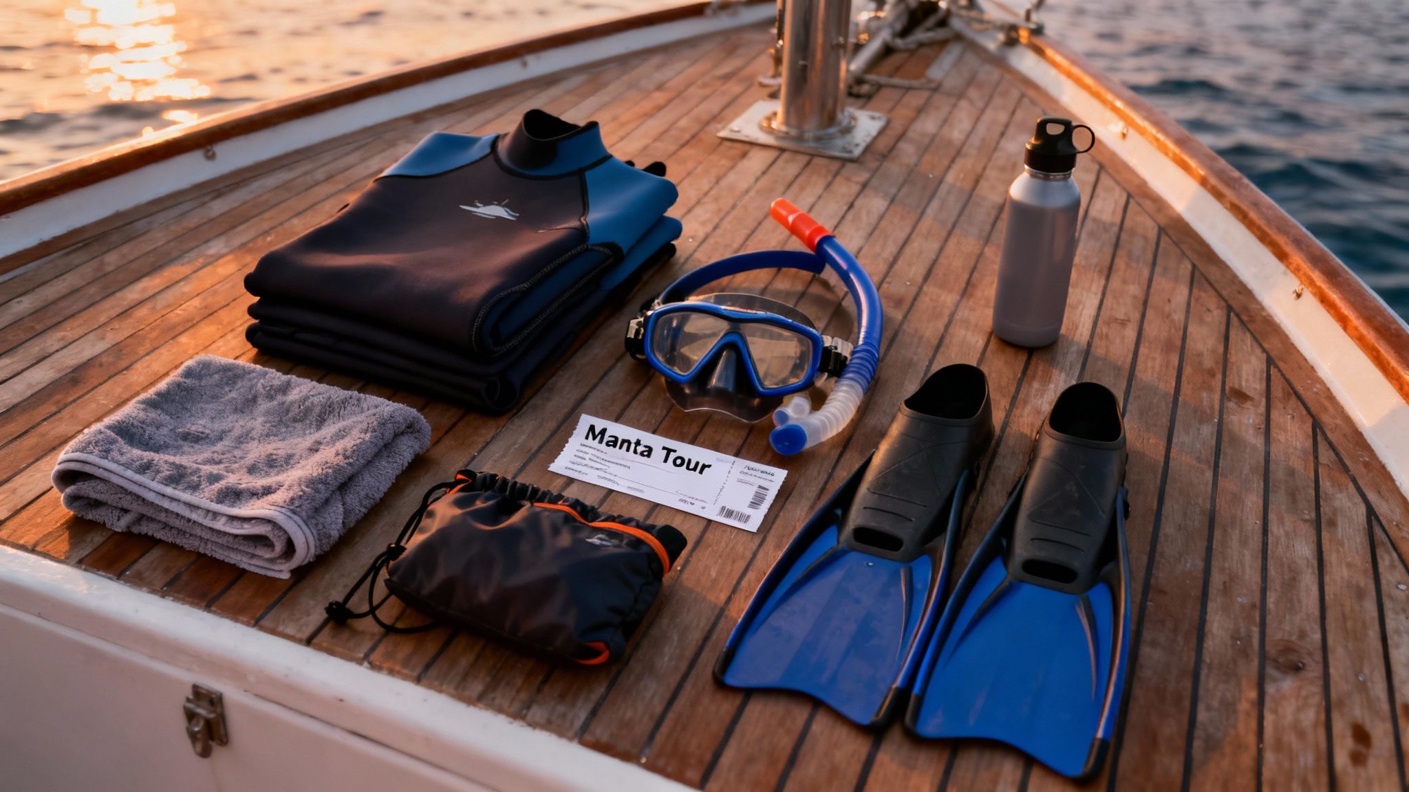 Snorkeling gear, wetsuits, and a 'Manta Tour' ticket neatly arranged on a wooden boat deck.