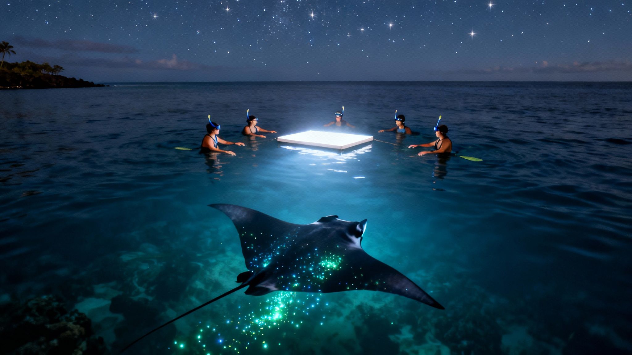 People snorkel around a glowing platform at night, observing a majestic bioluminescent manta ray under starry skies.