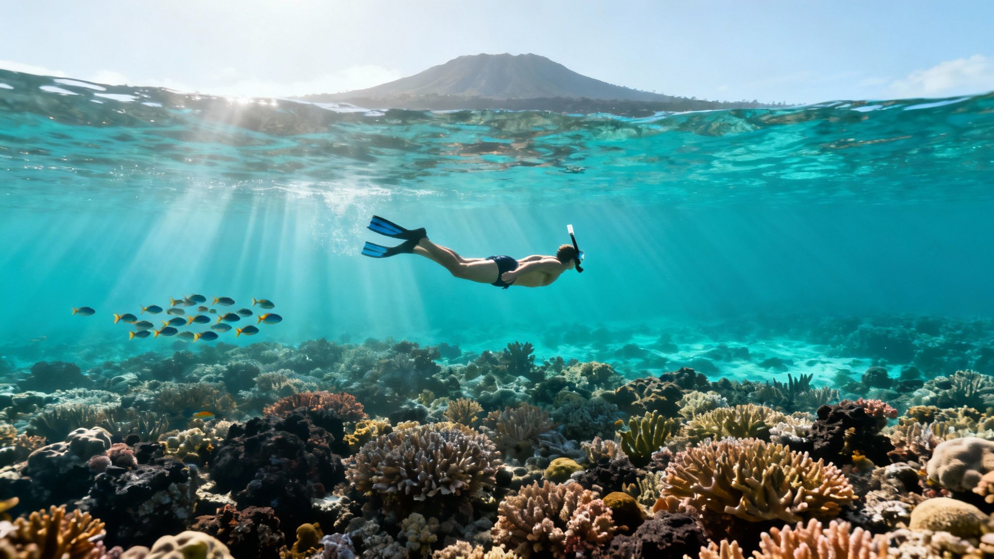 A vibrant school of yellow tang fish swimming over a coral reef in the clear blue waters of the Big Island, Hawaii.